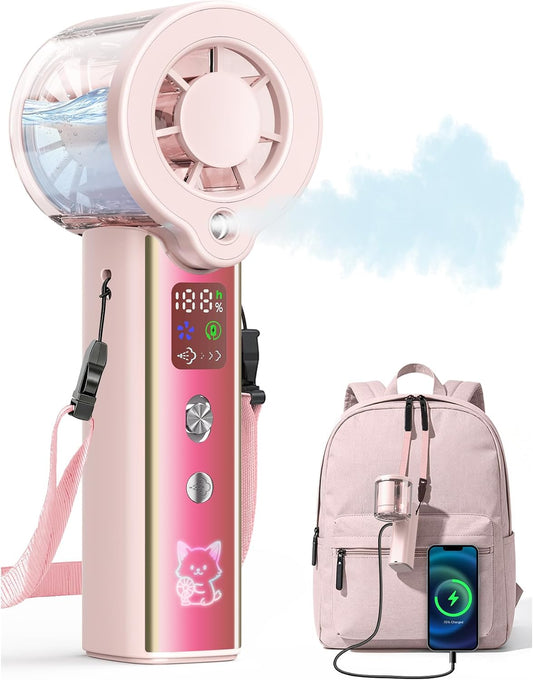 Portable Misting Fan with Mist, 3-in-1 Rechargeable Handheld 4000mAh | Adjustable mist mode, 100-speed wind control, LED display, power bank function, 30000RPM, compact & lightweight