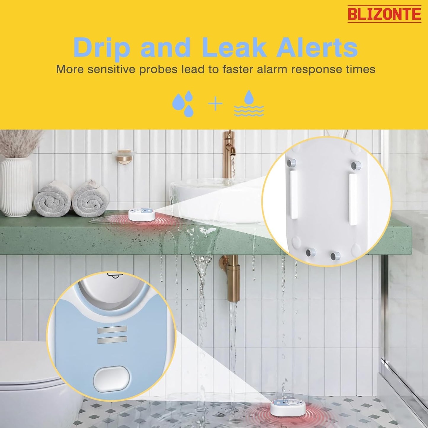 Water Leak Detector 5 Pack, 5-Year Battery Life, Water Alarm with Low Battery Warning, 100dB Loud Sound and Self-Test Function, IP66 Waterproof for Home Basement Kitchen(Not Support Wi-Fi)