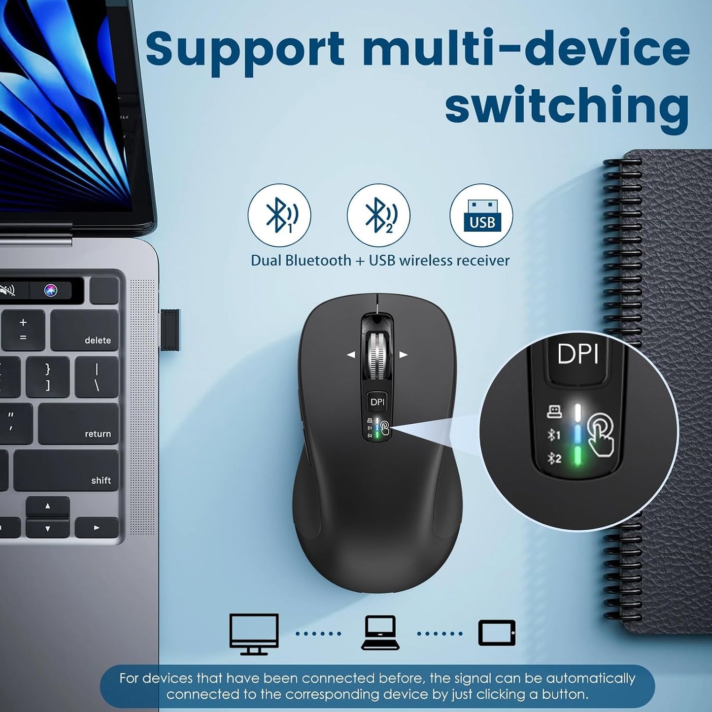 CITLLA Wireless Bluetooth Mouse (USB + BT1 + BT2), Full Size, 4-Way Scrolling, Multi-Device Silent Mouse for Computer, Laptop, iPad, MacBook (Black)