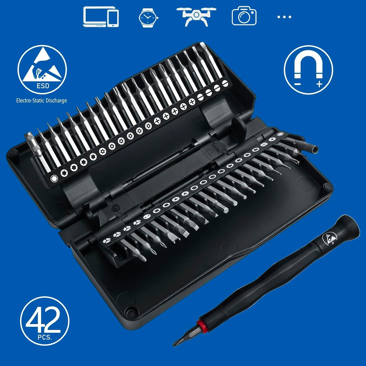 42 Piece ESD Micro Precision Screwdriver and Bit Set,Professional Repair Tool Kit for Laptops,Drones,Hard Drives,Gaming Consoles,Cameras,Watches,and Other Precision Devices