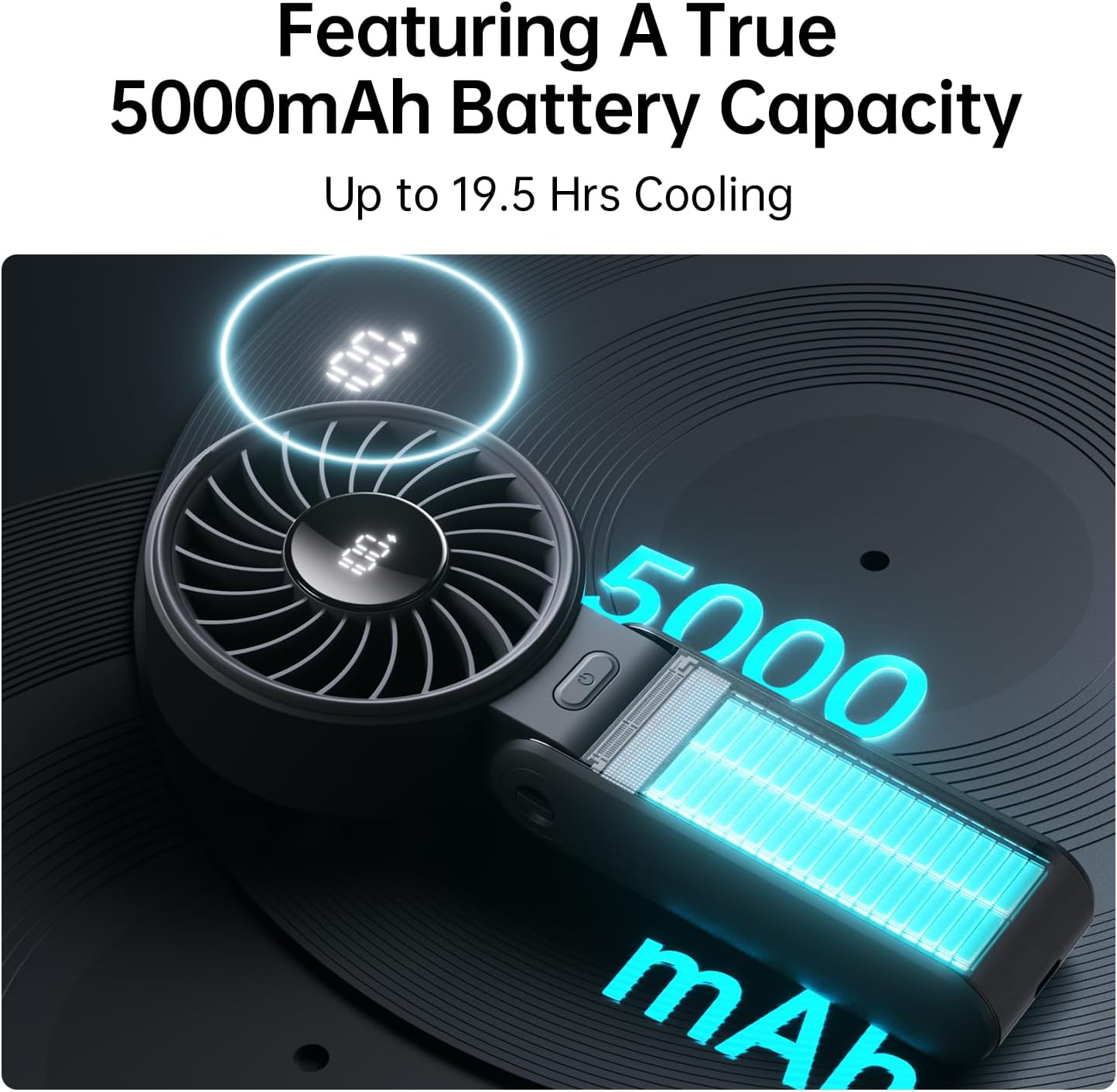 JISULIFE Portable Handheld Fan Life7: 3-in-1 Hand, Desk & Neck Fan-Black | 19.5H Max Cooling, 5-Speed, LED Display, 5000mAh Rechargeable,USB Foldable Fan for Travel/Concerts/Cruise/Sports Events/Gifts
