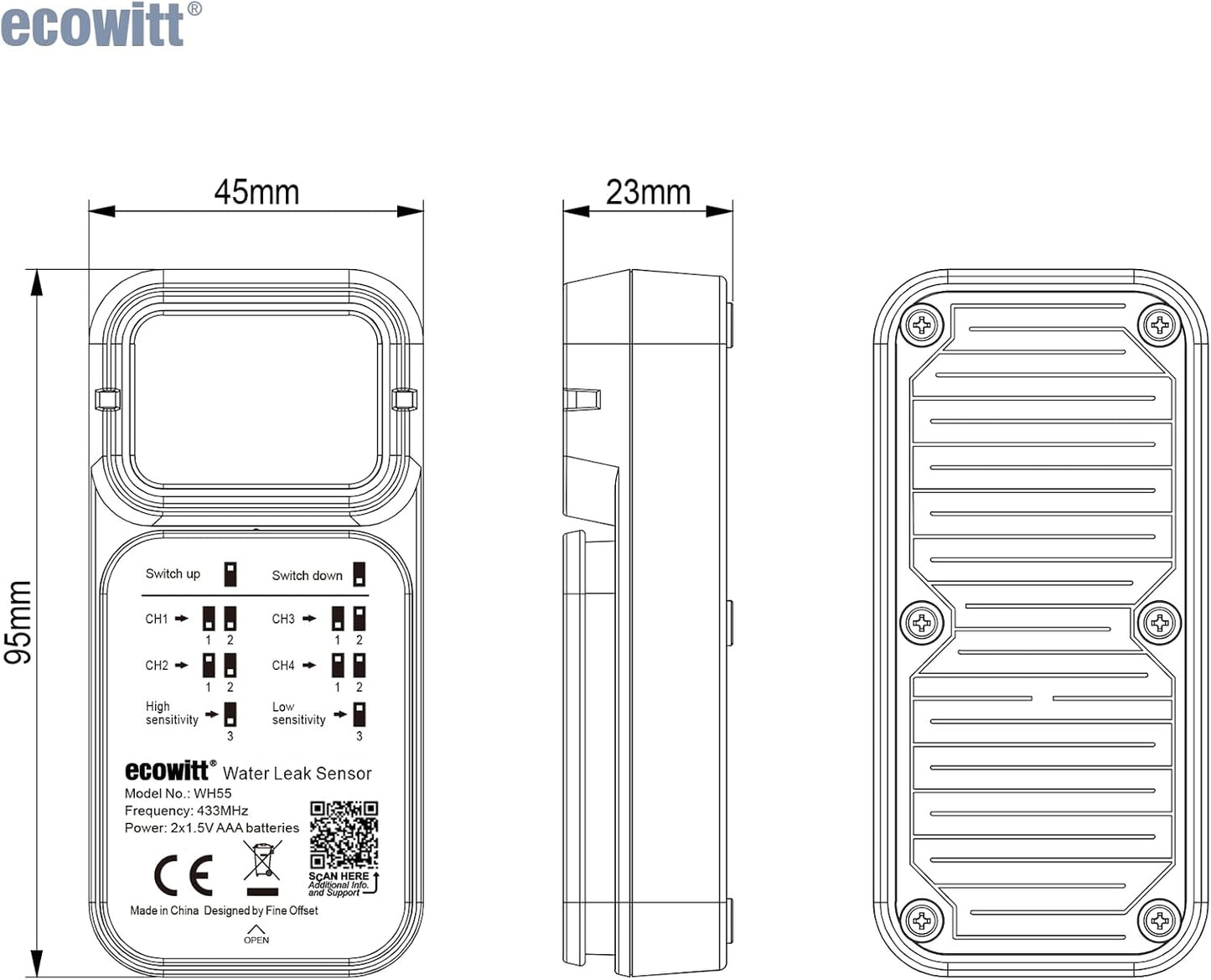 Ecowitt WH55 Wireless Water Leak Detection Sensor with Loud Audio Alarm