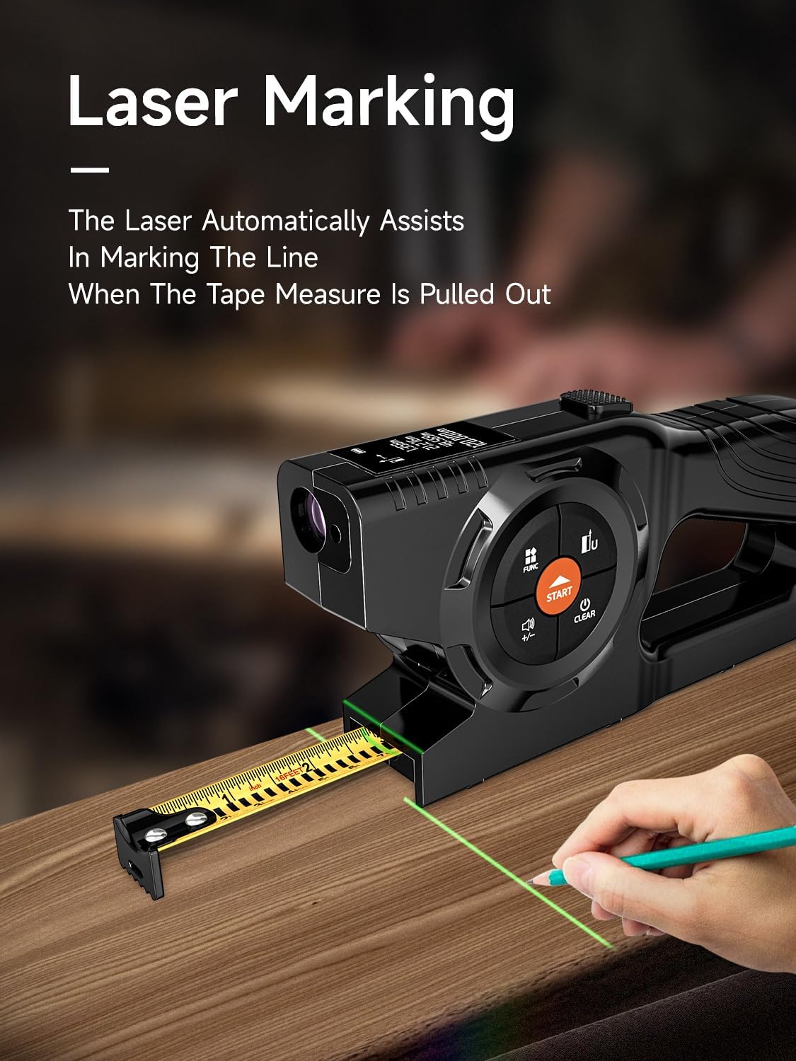 3-in-1 Digital Tape Measure, 196Ft Laser Measurement Tool & Auto Lock Tape with Instant Digital Readout and Green Laser Extension, Measuring List with Memory