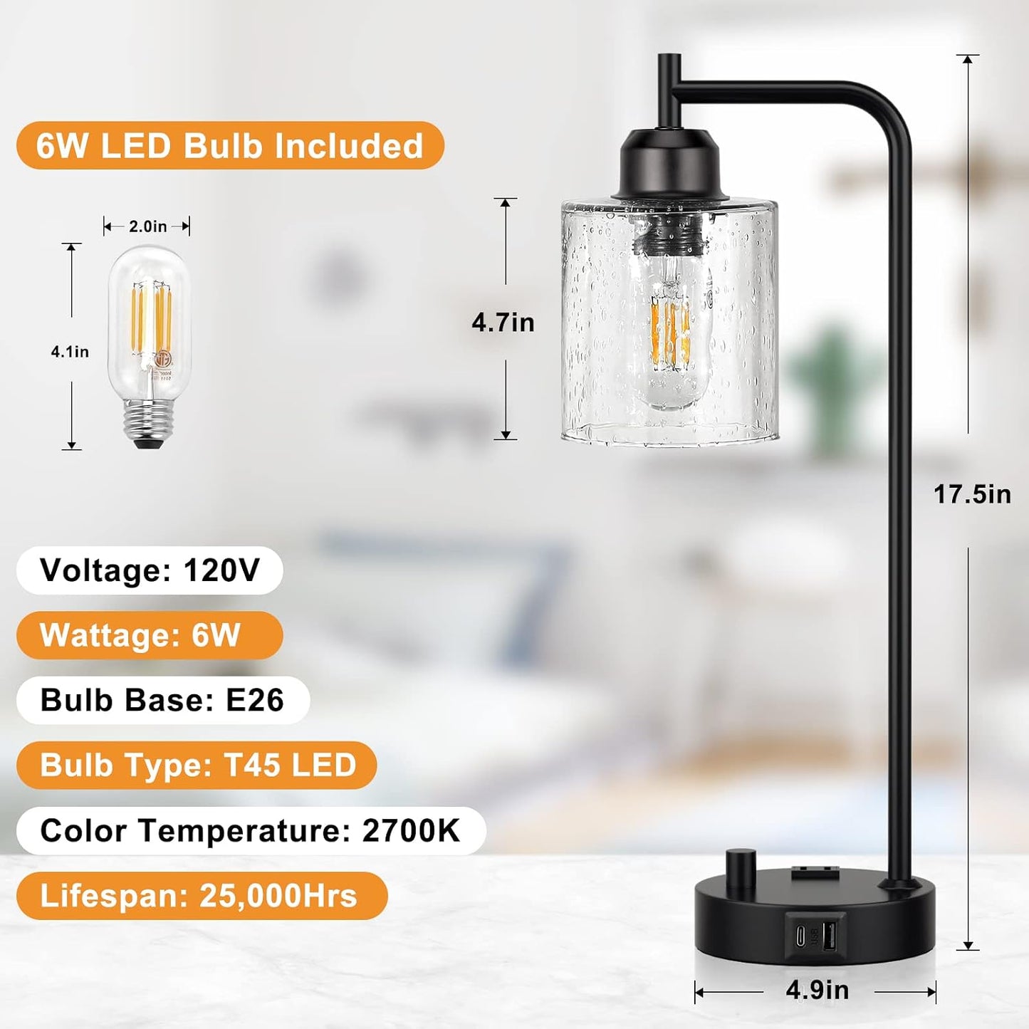 Industrial Desk Lamp, Fully Dimmable Small Bedside Table Lamp, Black, USB C | Glass Shade, USB C+A Charging Port & Outlet, Lamps for Bedroom, Night Stand, Home Office, Living Room