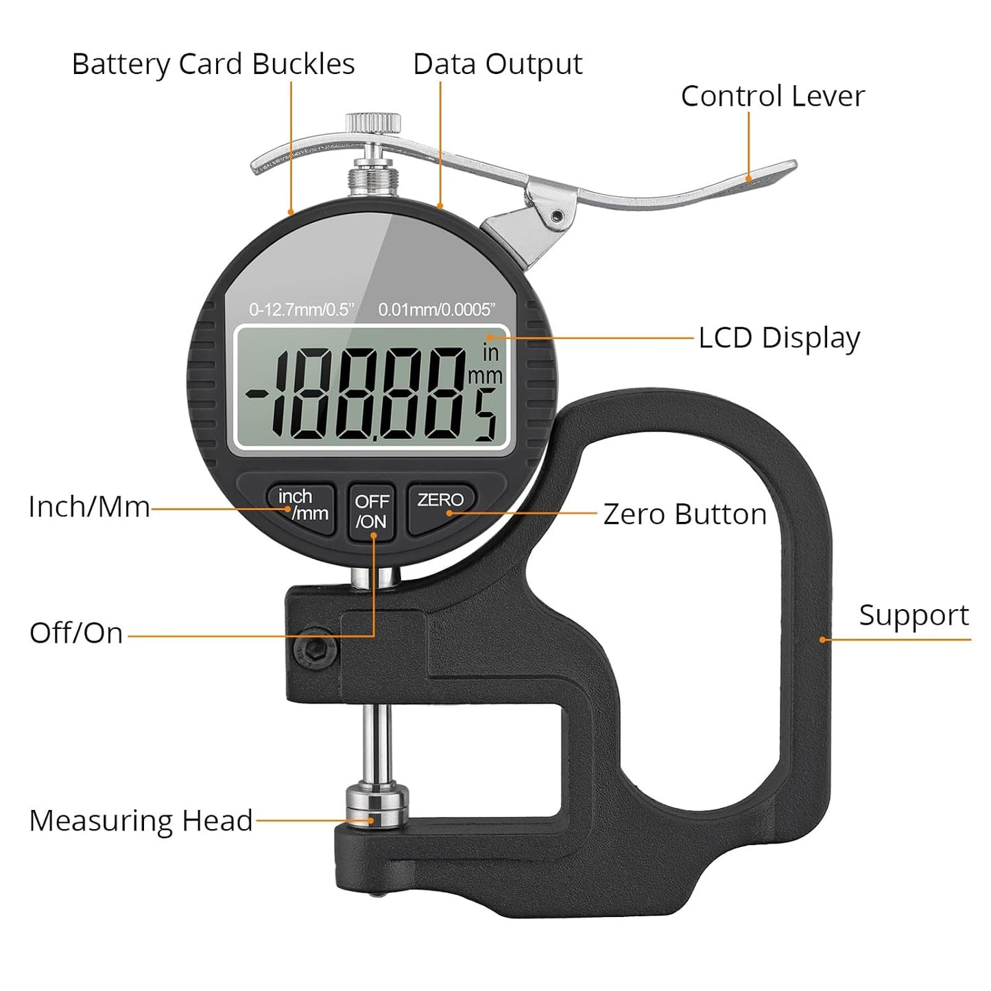 Neoteck Digital Thickness Gauge 0.5inch/12.7mm,0.0005inch/0.01mm Accuracy | with LCD Display, Inch/MM Conversion ,One-Hand Quick Press Thickness Measuring Tool for Leather Paper Fabric Film -Grey