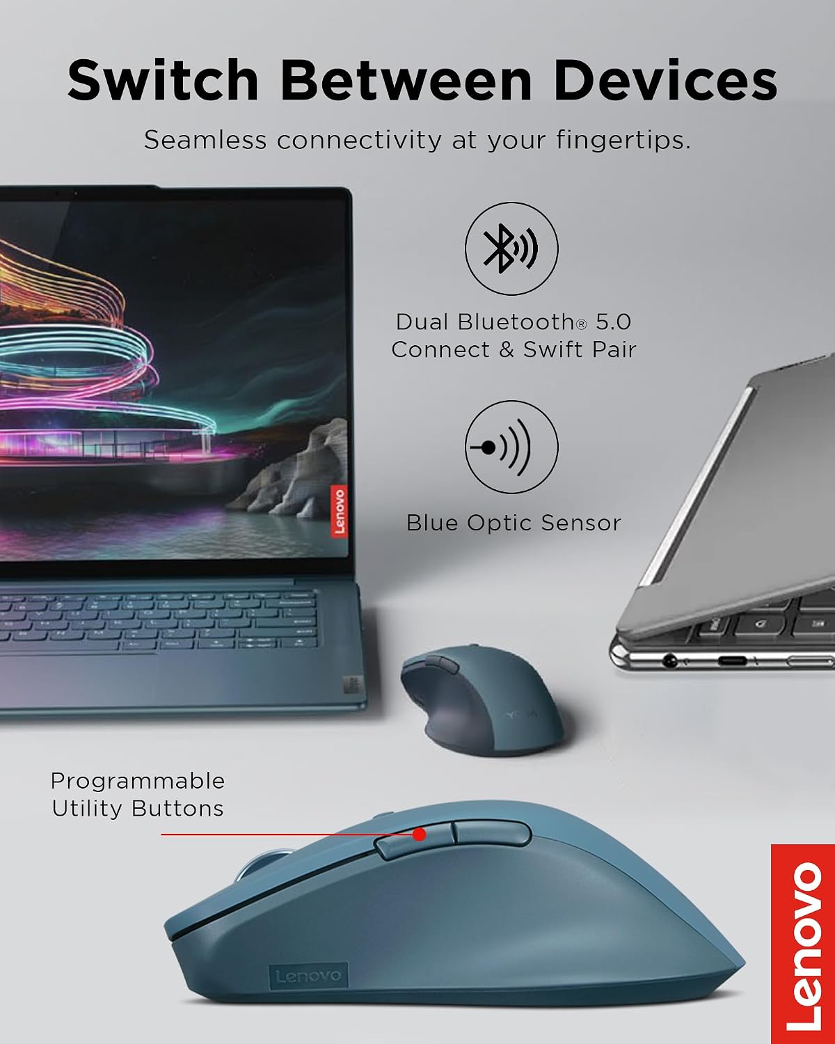 Lenovo Yoga Pro Mouse, Bluetooth, USB-C Rechargable, Dual Mode Bluetooth, 6 Button, Right Handed Design, Ergonomic Design, Programmable Buttons, 2-Way Metal Scroll Wheel, Tidal Teal