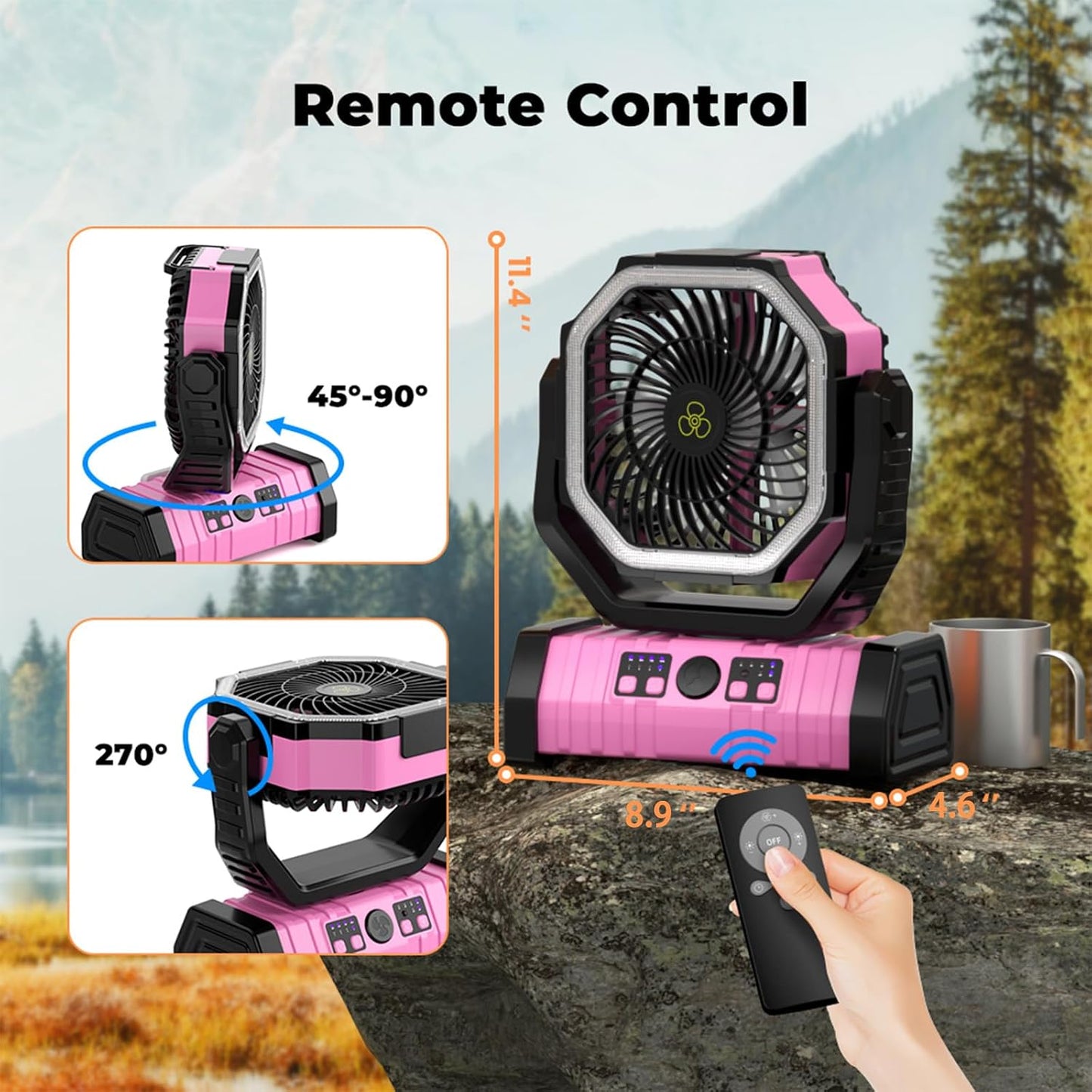 Camping Fan - 20000mAh Battery Powered Fan Rechargeable with LED Lantern - Portable Outdoor Tent Fans with Hanging Hook 4 Speeds Wind Remote Control, Pink
