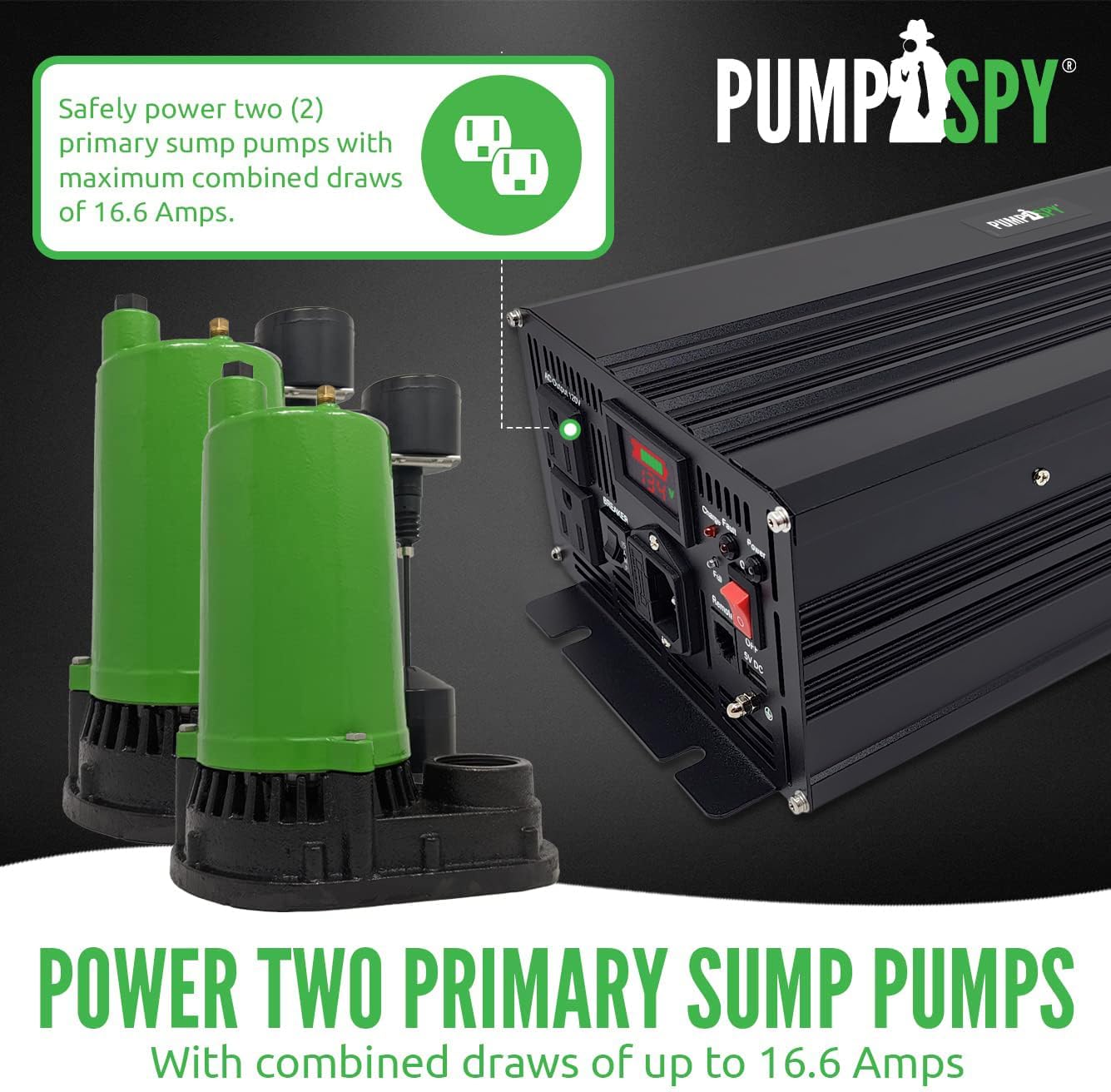 PumpSpy 2000W Sump Pump Battery Backup System, Safe Back Up System for Emergency and Power Outage, Superior Home Silent Sump Pump Backup Power Supply with Intelligent Cooling