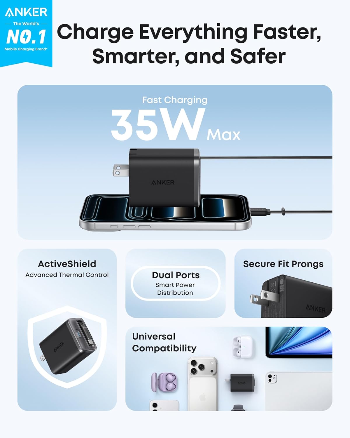 Anker Nano Retractable USB C Charger Block, Compact 35W Phone Charger | 2-Port Charger with Durable Built-in Anker InstaCord Retractable Cable, for iPhone 17/16/15, iPad(Black,Non-Battery)