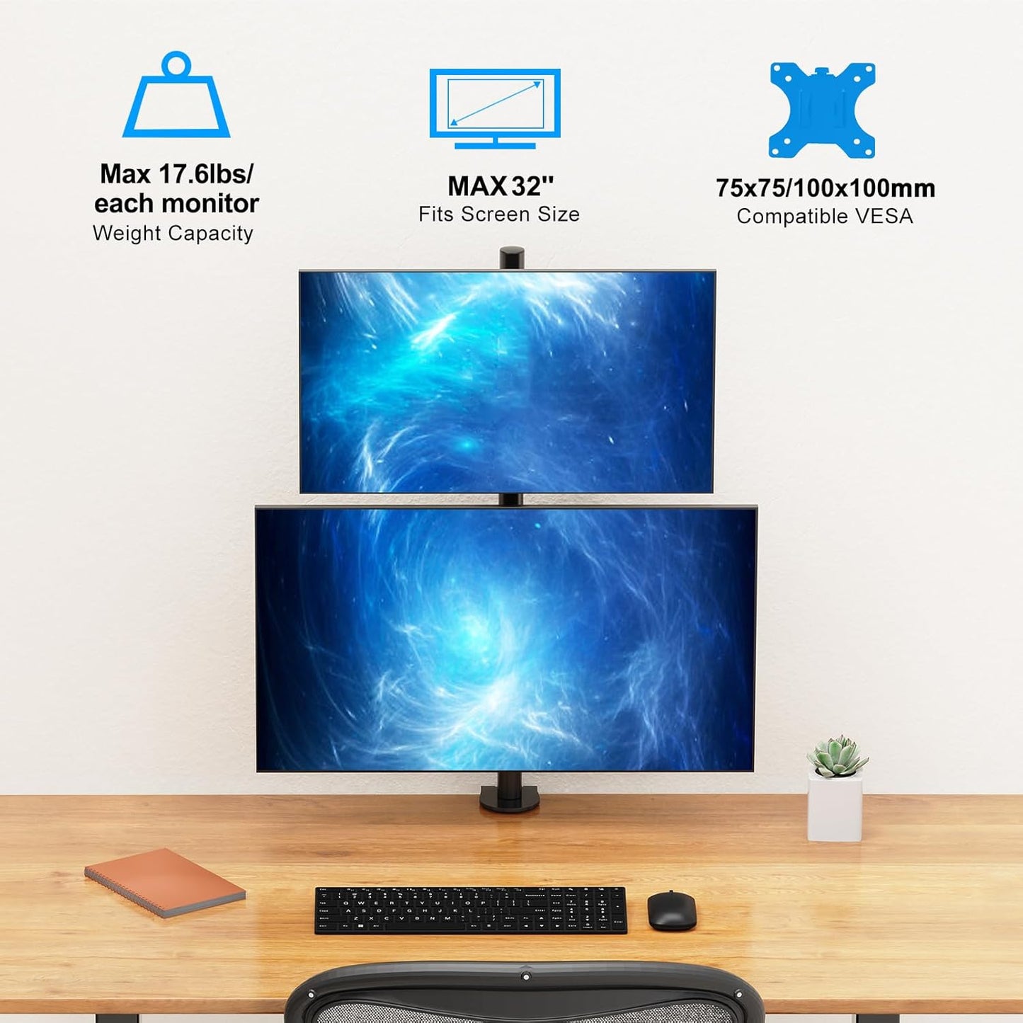 Vertical Dual Monitor Stand for Max 32 "Computer Screen | Holds up to 17.6 lbs Each Stacked Monitor Mount Height Adjustable, Swivel, Tilt Monitor Desk Mount, VESA 75/100