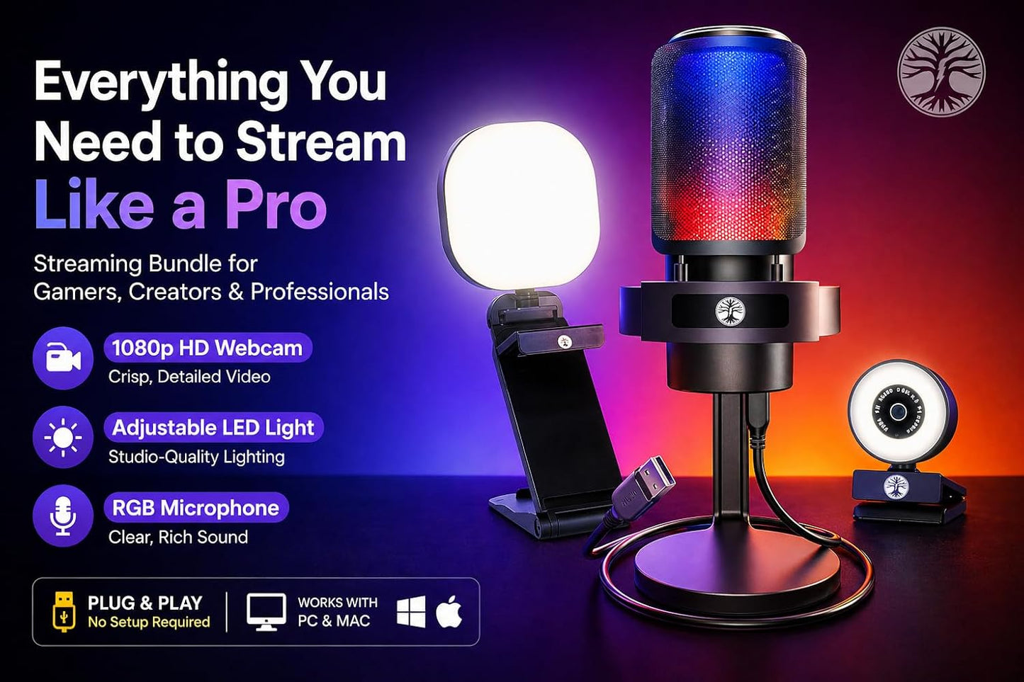 Webcam Streaming Kit with USB RGB Microphone & LED Light – 1080P 30FPS Streaming Camera Bundle for Twitch, YouTube, Podcasting, WFH – PC & Mac Compatible (Not for PS5 Alone)