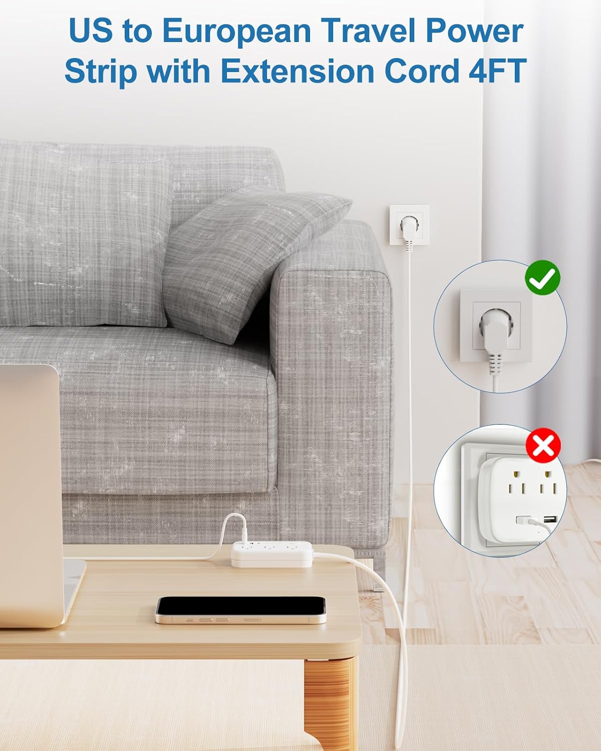 Type E/F Plug Adapter, European Plug Adapter, Germany France Travel Adapter | 3 USB, 3 Outlets, Portable, 4000W, USB-C(15W), 4FT, Schuko Plug for US to Europe EU Spain Iceland Korea Greece Norway Russia