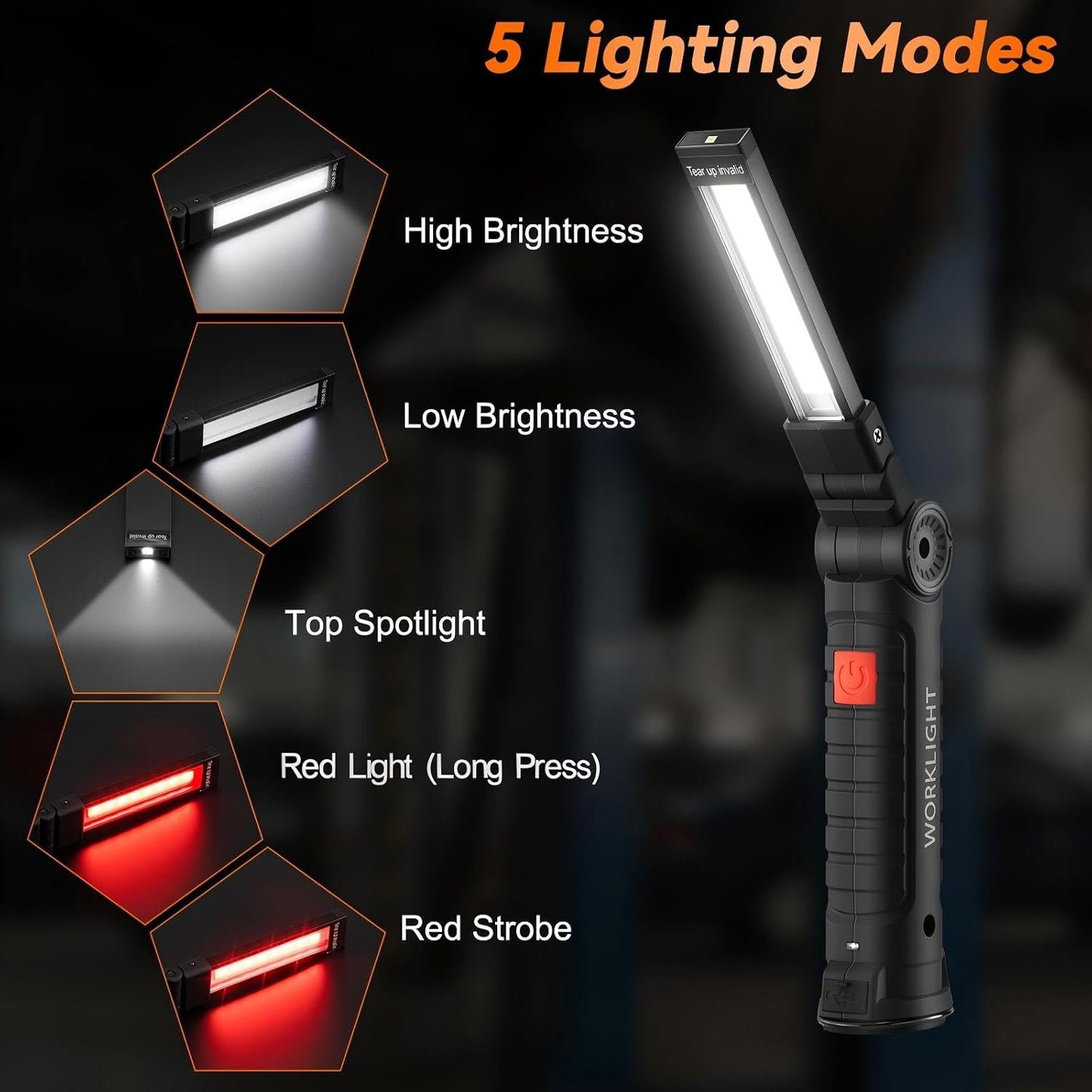 6Pack Magnetic Rechargeable LED Work Light/Flashlight for Mechanics | 360° Rotation, Super Bright, 5 Modes, Compact, Tail Hook, for Car Repairing, Garage, Emergency, Workshop, Gifts for Father