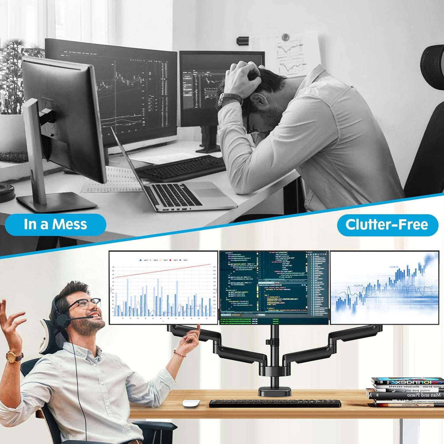 MOUNTUP Triple Monitor Mount for 17-32 inch Screens, Full Motion Triple Monitor Stand, 3 Monitors Desk Mount Holds 4.4-19.8 lbs Each, Clamp & Grommet Mounting, Black