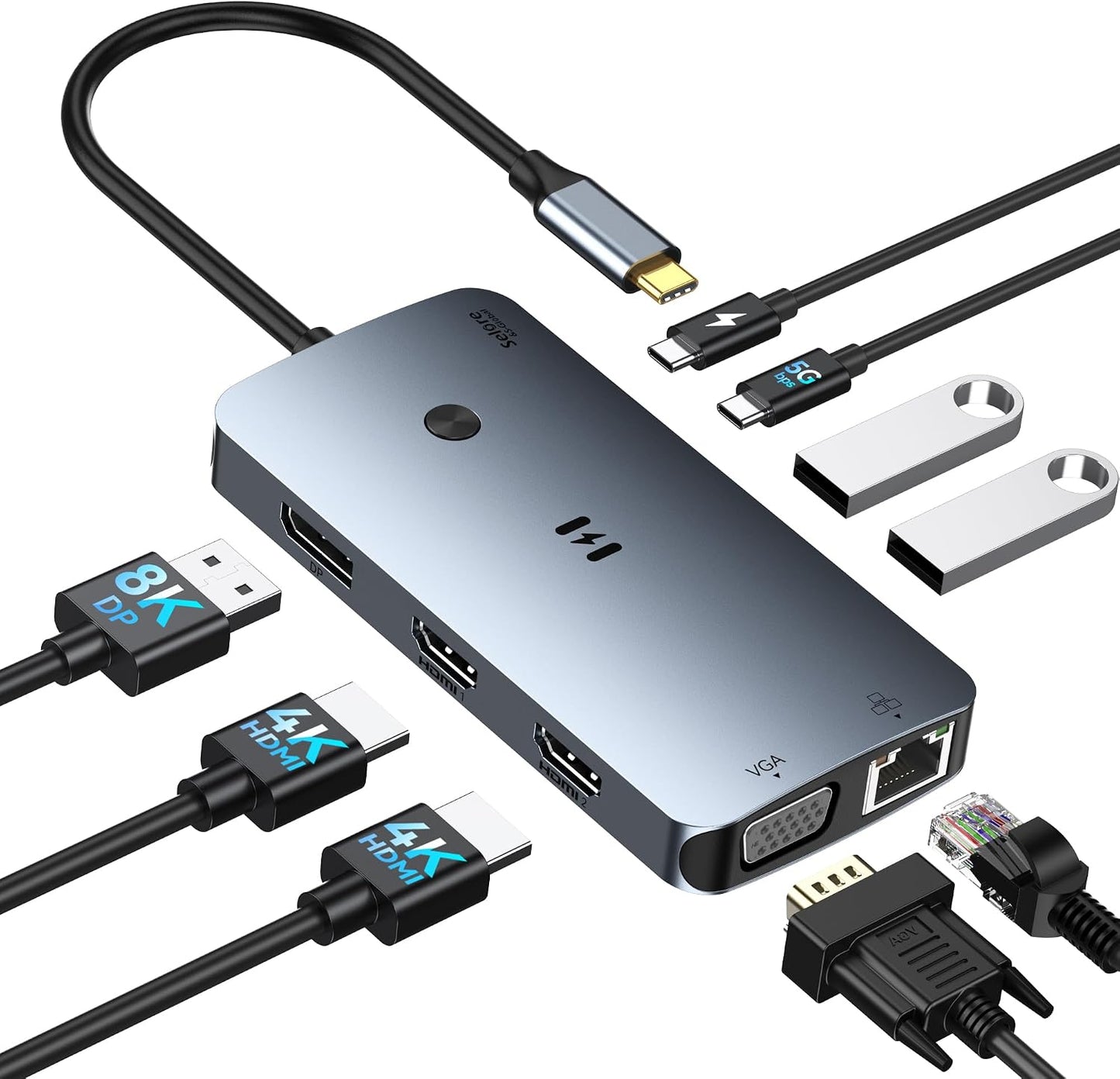Selore USB C Docking Station Dual Monitor,Laptop Docking Station 3 Monitors | Dual/Triple/Quad display, 2 HDMI+DP+VGA, 100W PD input, 1Gbps Ethernet, 5Gbps USB-A/C, USB C Hub Dongle for DELL, HP and More