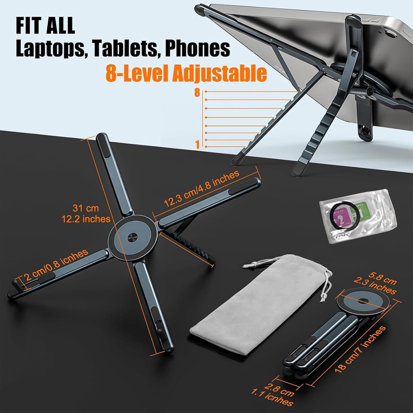 Portable Laptop Stand, 3-in-1 Magnetic Foldable Adjustable, for Desk（Gray） | Aluminum alloy, lightweight compact, 8-level height, ergonomic, for phone/tablet, home office/travel