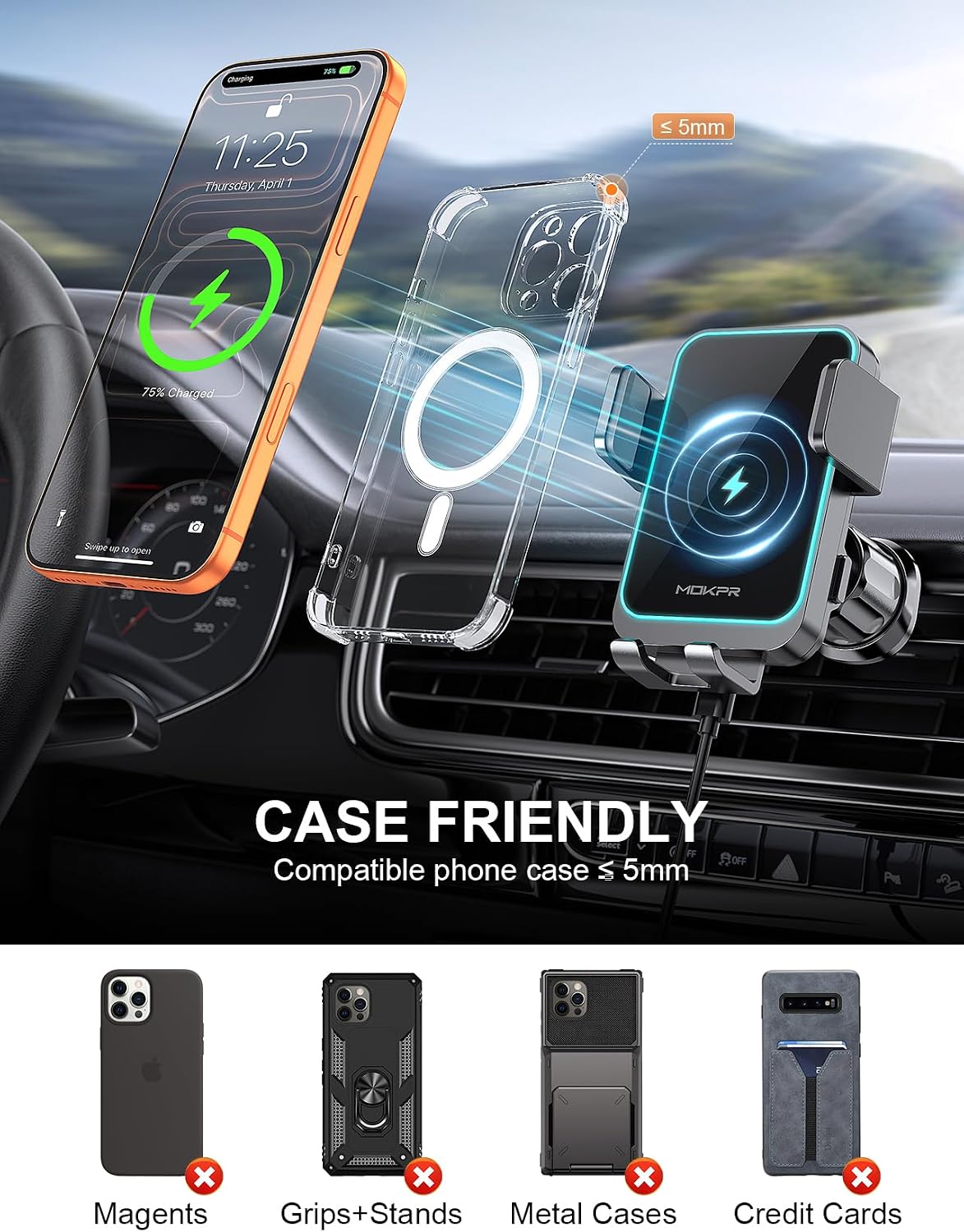 Wireless Car Charger Auto Clamping LED Car Charger Dash Windshield Air Vent | Phone Holder Compatible with iPhone 17 16 15 14/13/13 Pro/12 pro/12/11/X/8, Samsung S24/S23/S22 Series