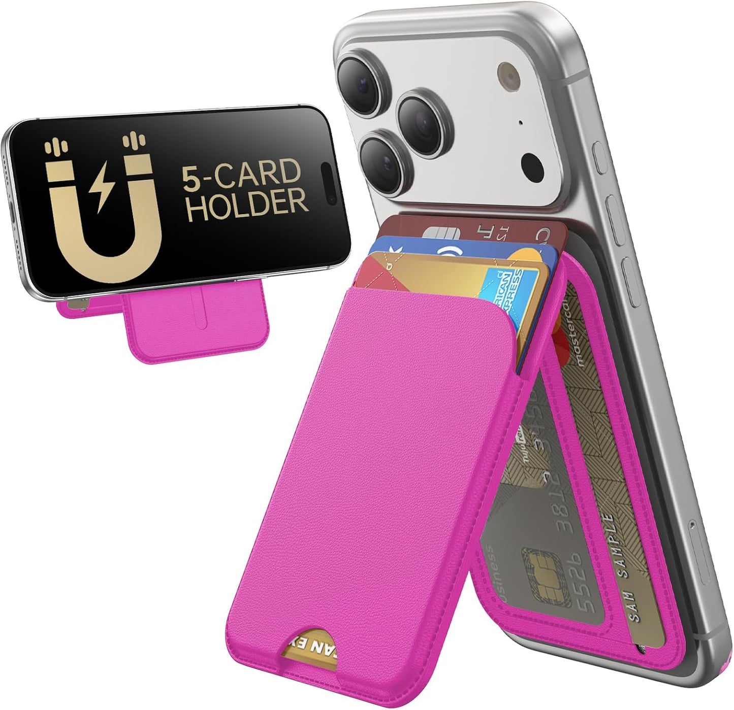 TWZKG for MagSafe Wallet, 5 Cards Holder with Stand, Magnetic Phone Wallet Stand for iPhone 17/16/15/14/13/12 Pro Max Air Plus Series, RFID Blocking Vegan Leather,Hot Pink