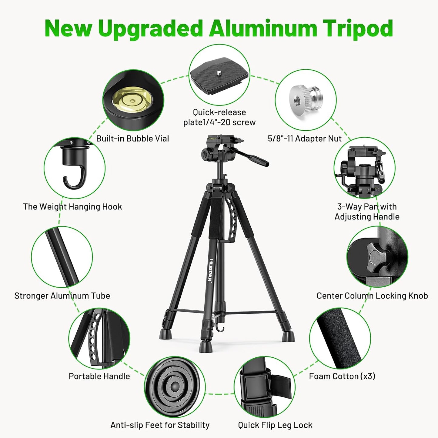 Huepar Professional Laser Level Tripod, Fathers Day Dad Gifts, 68 Inch Adjustable Height, Suit for Heavy Duty Lasers Levels, Point Laser, Distance Measure - Phone Holder, 1/4" & 5/8" Thread Mount