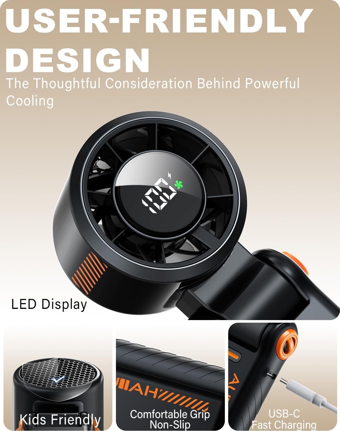 Portable Handheld Turbo Fan - 5 Speed Mini Personal Fan with Strong Airflow, Foldable 3 in 1 Rechargeable Battery Operated Trave Essentials Hand Fans for Indoor/Outdoor Use, Black