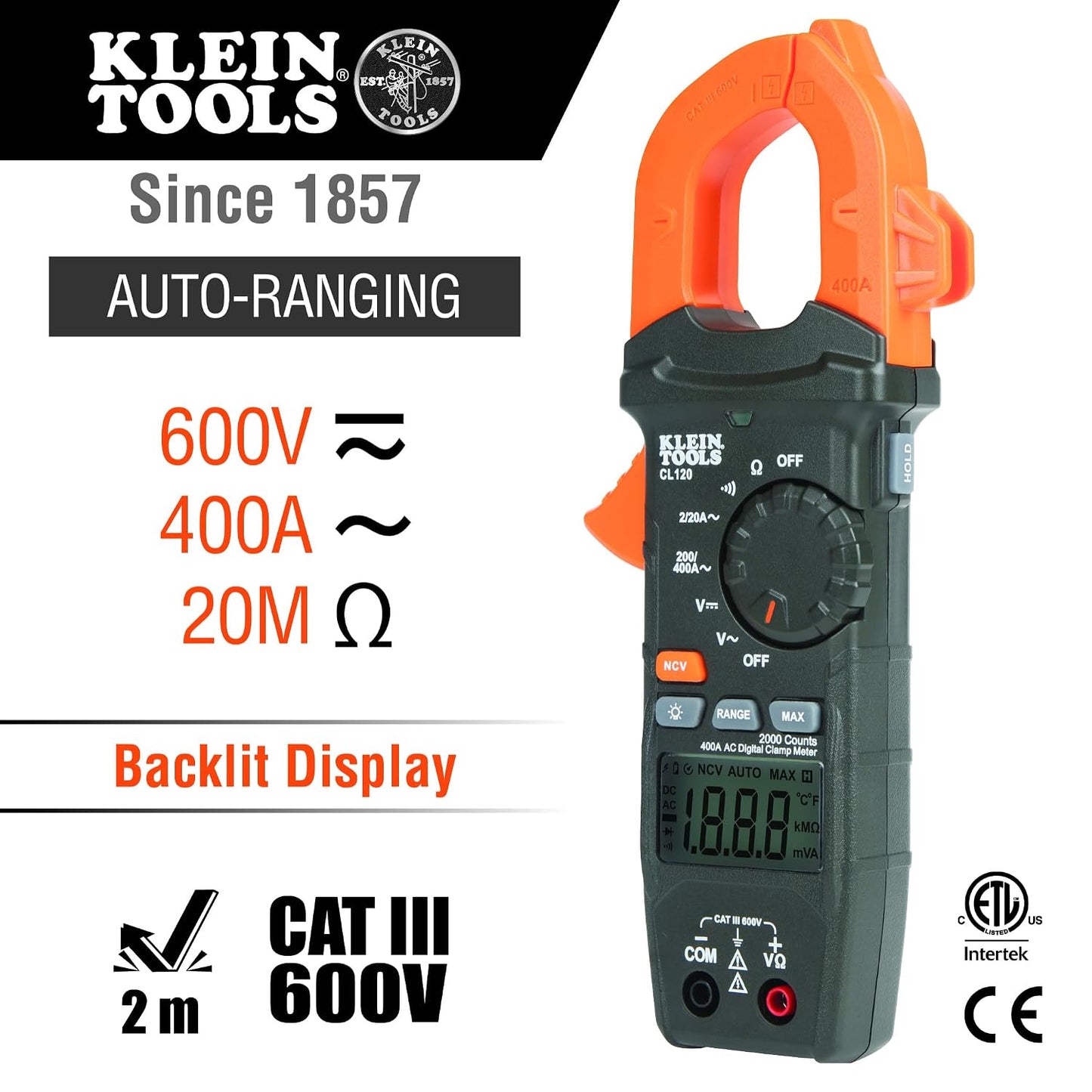 Klein Tools CL120 Digital Clamp Meter, Auto-Ranging 400 Amp AC, AC/DC Voltage, Resistance, Continuity, Non-Contact Voltage Tester Detection