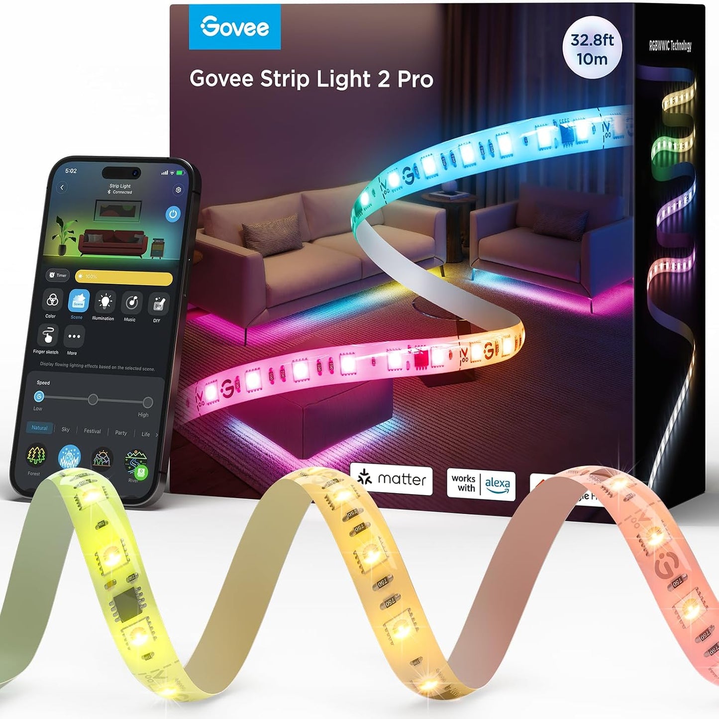 Govee RGBWWIC LED Strip Light 2 Pro 32.8ft, Smart Control, APP, WiFi | Work with Alexa, Google Assistant, Matter and Smarthings, DIY Color Changing, LED Lights for Bedroom, Cabinet, Home Decor