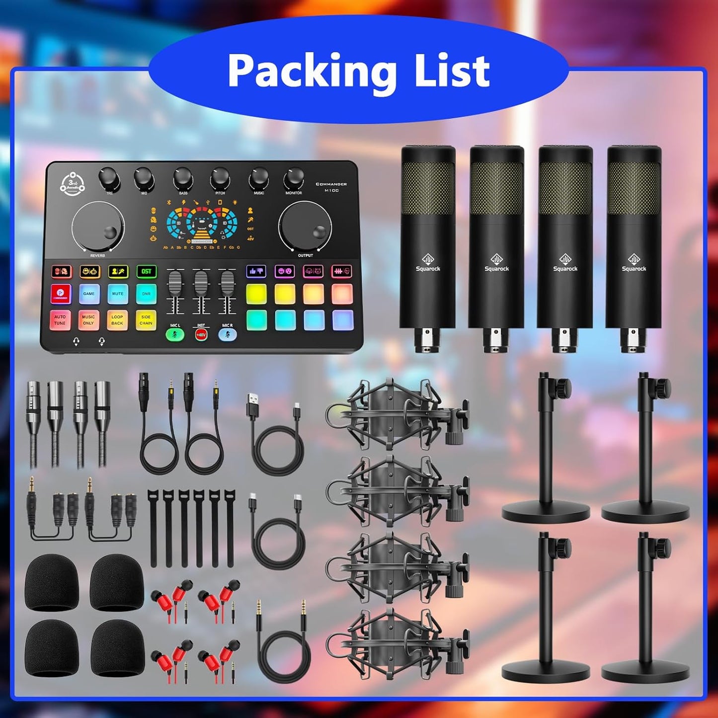 Podcast Equipment Bundle for 4, Audio Interface with 4 Dynamic Microphone, 4 Desktop Mic Stands, Voice Change, DJ Mixer for Vocal Recording Podcasting,Streaming,Singing TikTok, COMMANDER M100 3rd