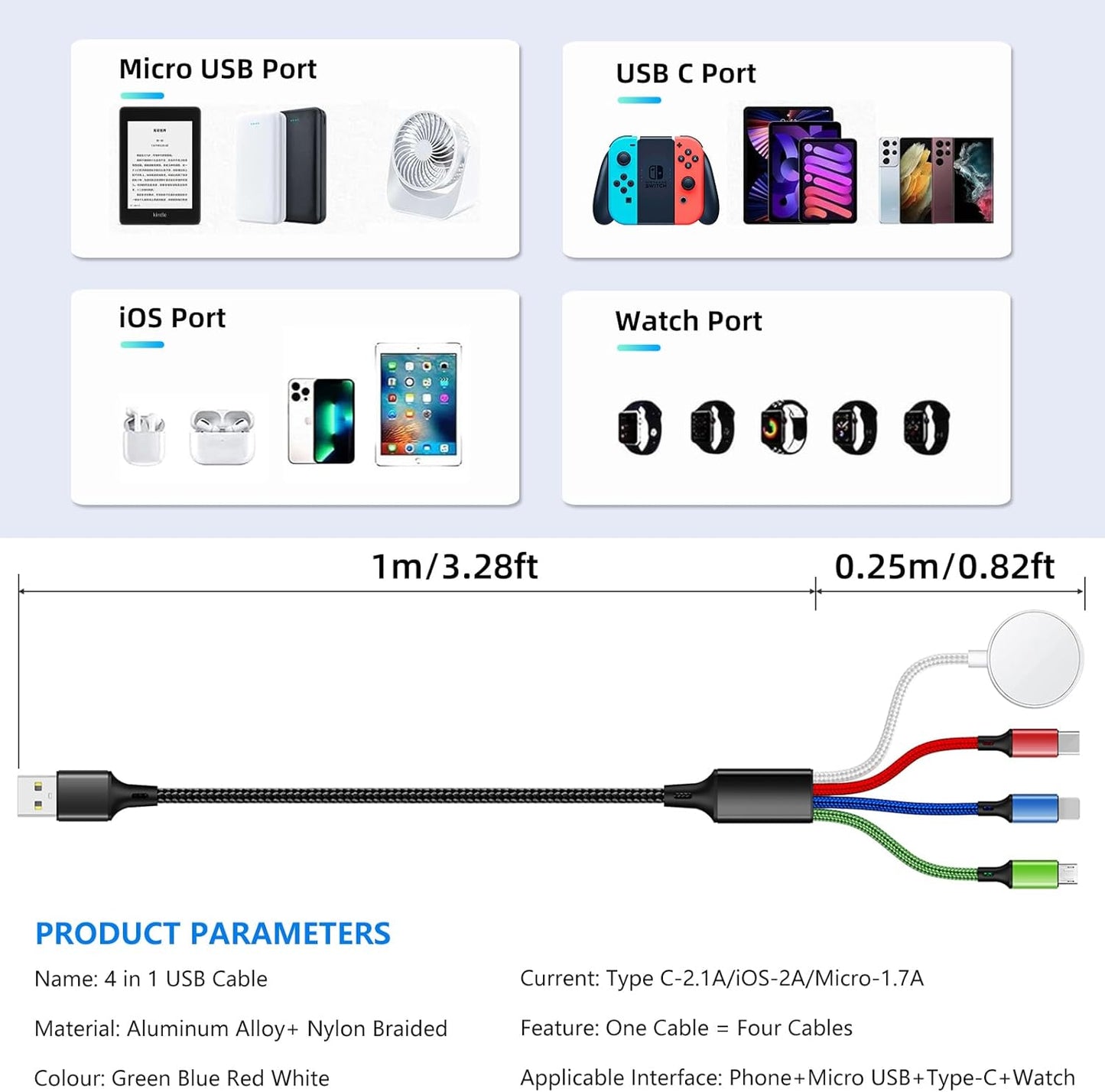 Travel Essentials 4 in 1 iWatch & iPhone Charger,Multi Charging Cable for Apple Watch Charger USB C Micro Nylon Compatible with iWatch Ultra/SE/10/9/8/7/6/5/4/3/iPhone 16/15/14/13 Galaxy Phone(4FT)