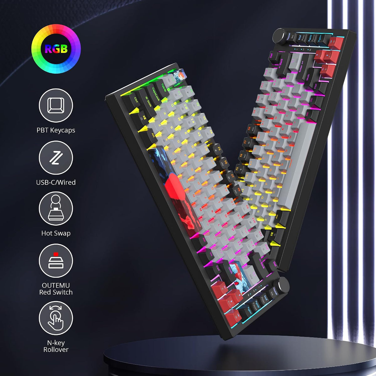 Fogruaden Wired 75% Mechanical Keyboard, Hot Swappable Gasket Mount With Red Switch, RGB Backlit 82 Keys TKL, NKRO Compact Gaming With Knob (Dolch)
