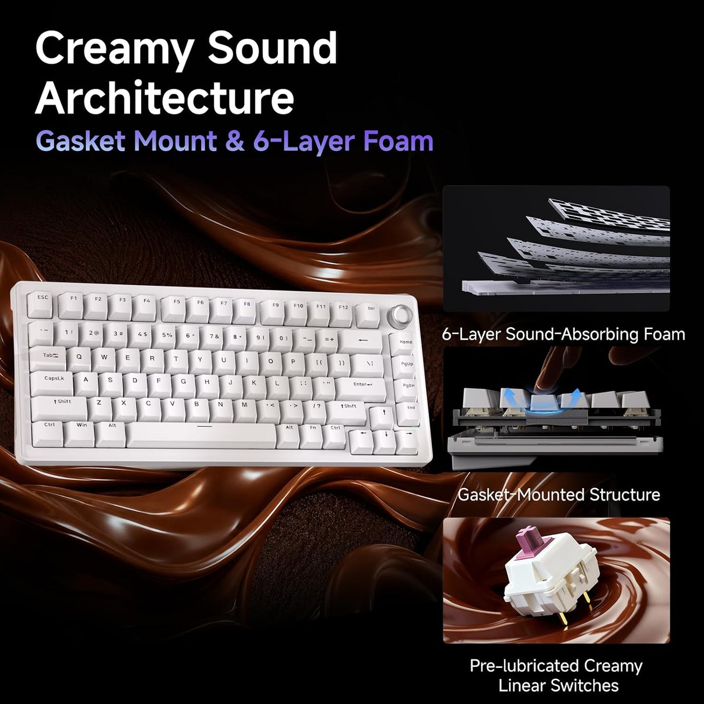 DIERYA DK81E 75% Mechanical Gaming Keyboard, Hot-Swappable, Wired, White | Gasket Mount, Pre-Lubed Linear Switches, 6-Layer Foam, Programmable, Volume Knob, RGB Backlight, Double-Shot Keycaps