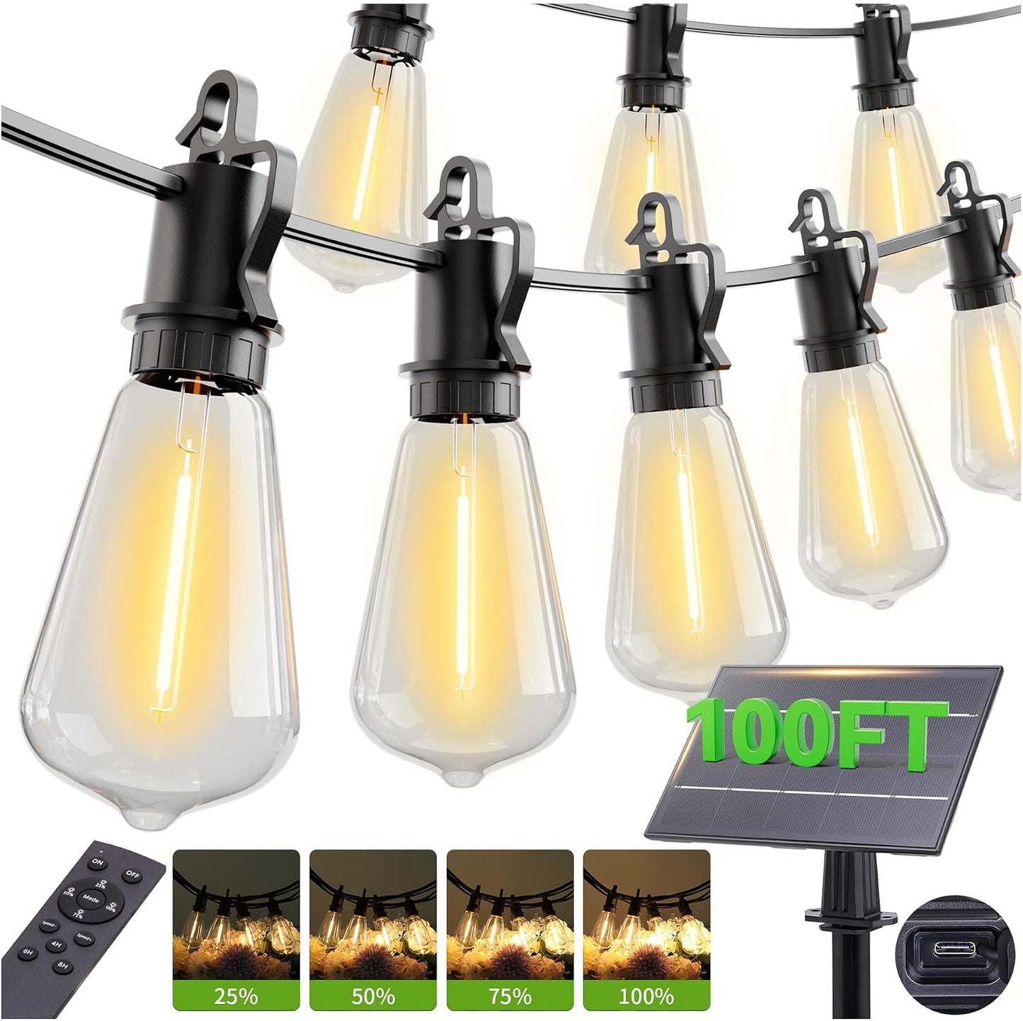 60FT Solar String Lights Outdoor Waterproof with Remote,Shatterproof ST38 20 LED Bulbs,2700K Dimmable Solar Lights Outdoor,Outside Hanging Lights for Patio,Garden,Camping,Deck,Backyard Decor