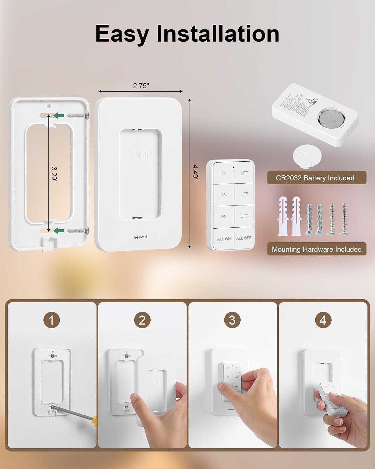 Remote Control Outlet Wireless Wall Mounted Light Switch, 3 Independent Control Outlets, 200FT RF Range, Mini Outlet Plug, 15A/1875W High-Power for Lamps, Lights, Household Appliances, ETL Listed
