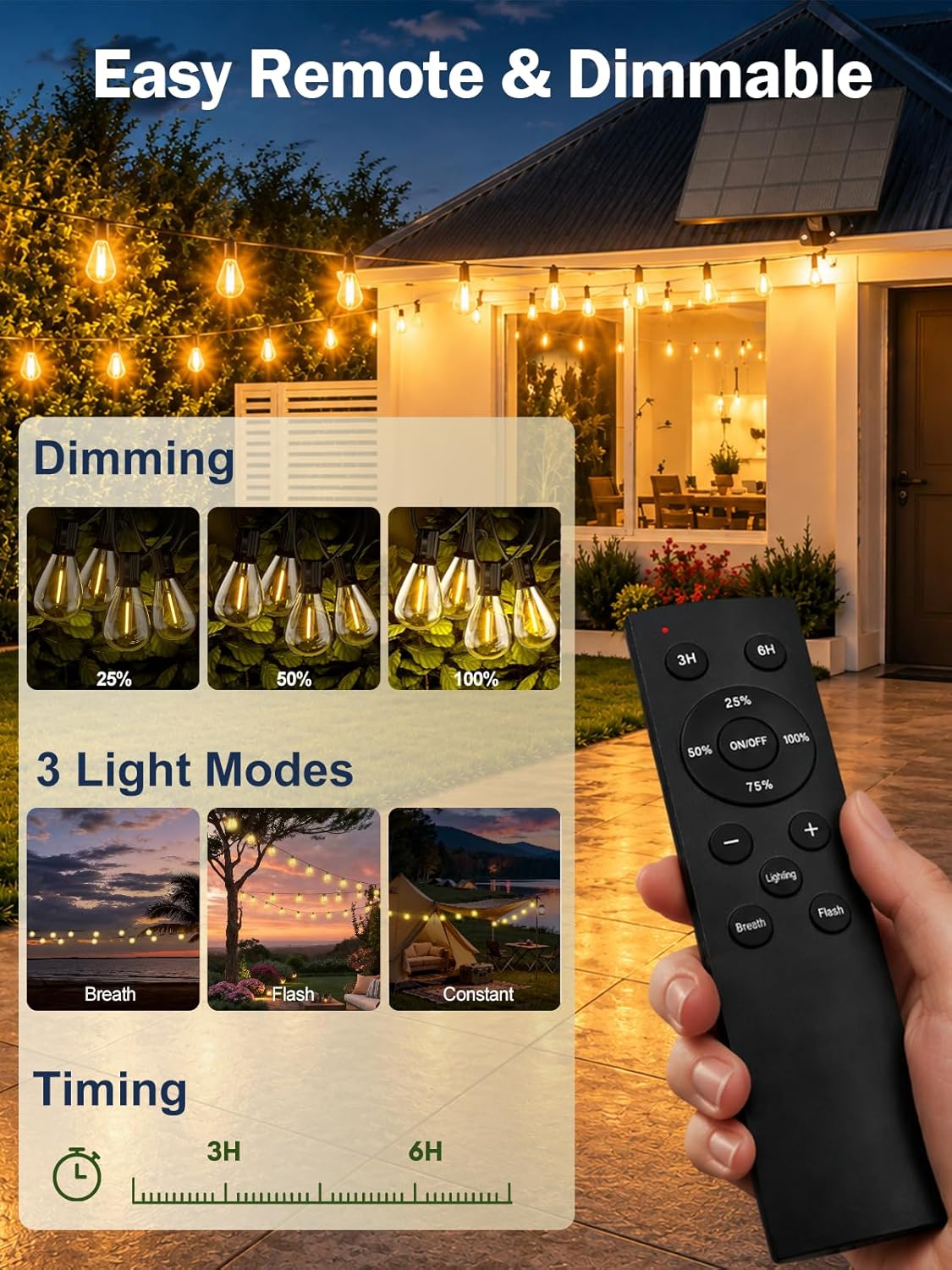 50FT Solar String Lights Outdoor, Dimmable Patio Lights Solar Powered with Remote & USB Port 18+1 LED Shatterproof Bulbs 3 Light Modes, Waterproof Solar Light for Camping Backyard Garden