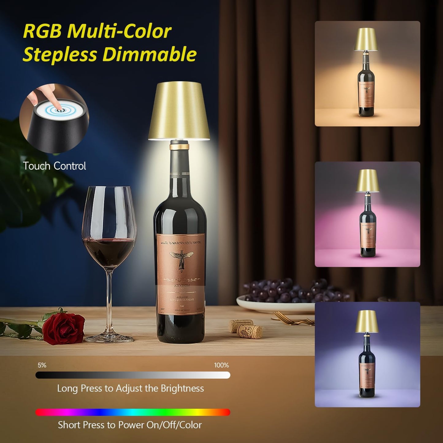 2025 New Wireless Bottle Lamp - LED Bottle Lights for Liquor & Wine Bottles, Cordless Lampshade, Whiskey Bottle Top Light, Bottle Stopper Night Light Kit, Rechargeable RGB Remote & Touch-Dimmable