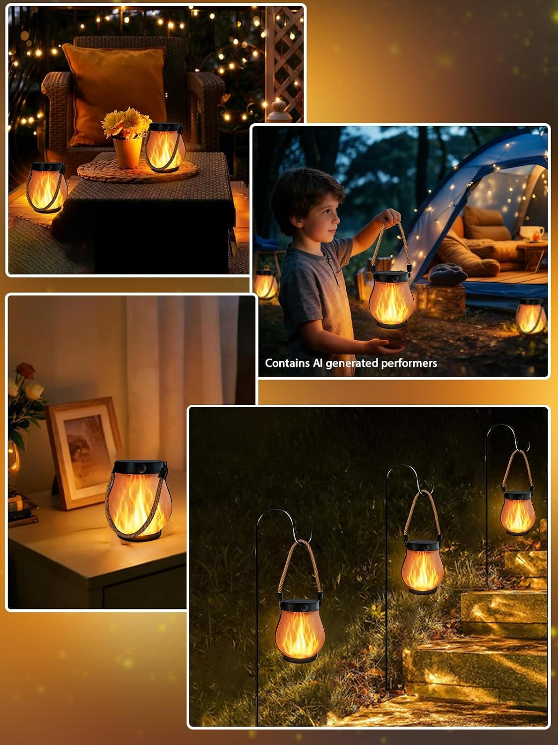 4 Pack Gen2 Solar Lanterns Outdoor Waterproof Hanging Solar Flame Lights | USB & Solar Charging, 2 Modes, Auto ON/OFF, IP65 Waterproof, Hemp Rope Handle, Indoor Outdoor for Garden Tree Tabletop Decor