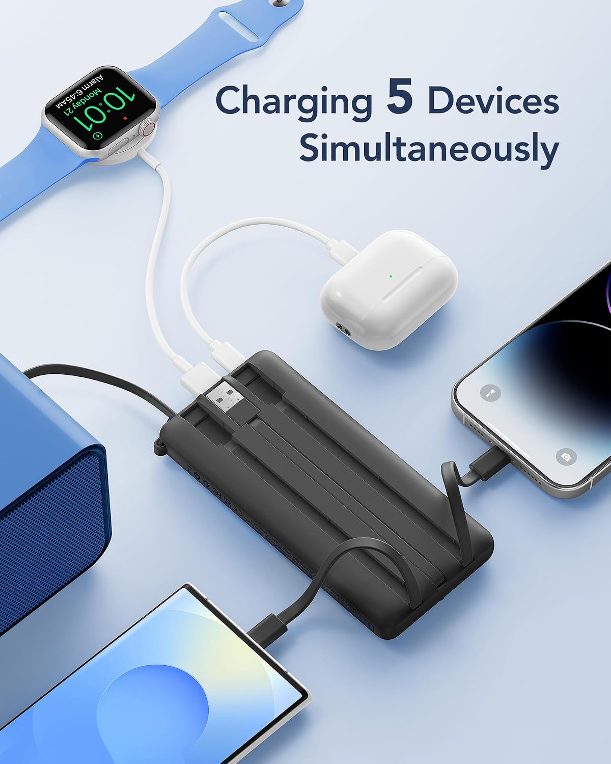 VRURC Portable Charger, Built-in 4 Cables Slim Power Bank 10000mAh, USB C Charging Bank with LED Display, Compact Travel Battery Pack with 5 Outputs for Multi Devices, Android-Black(1 Pack)