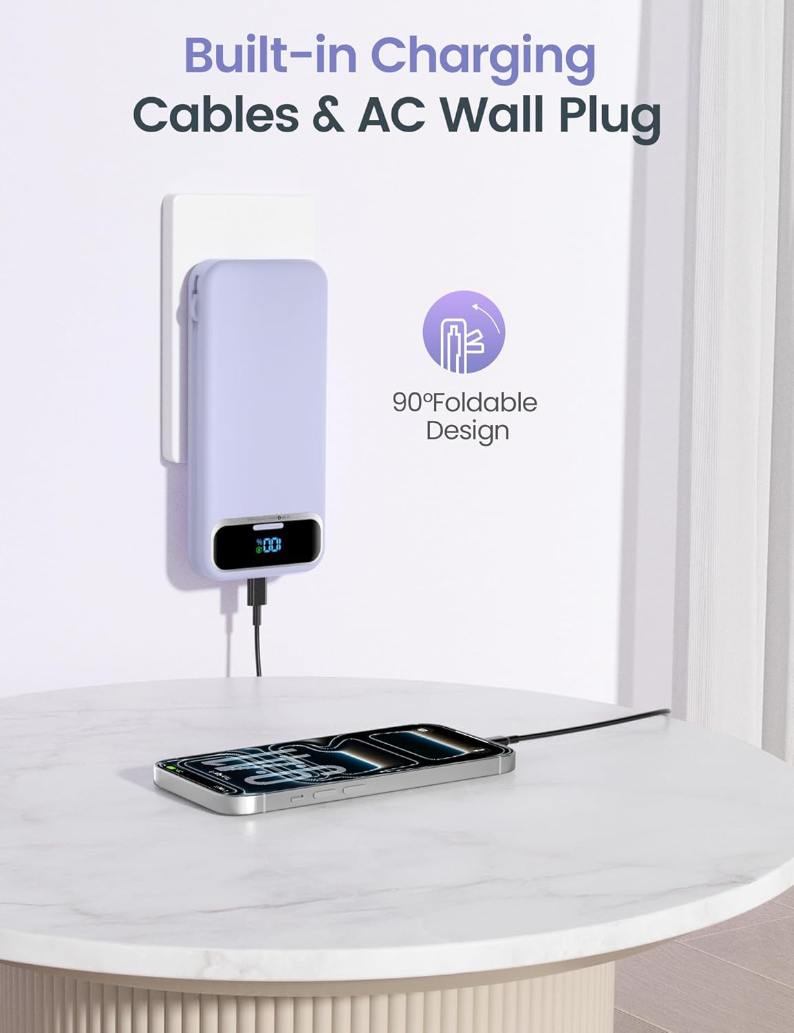 aonidi Portable Charger 12000mAh with Built-in Cables&AC Wall Plug, Purple | PD20W USB C Fast Charging,LED Display External Travel Power Bank,TSA approved Battery Pack for All iPhone,Samsung,Android