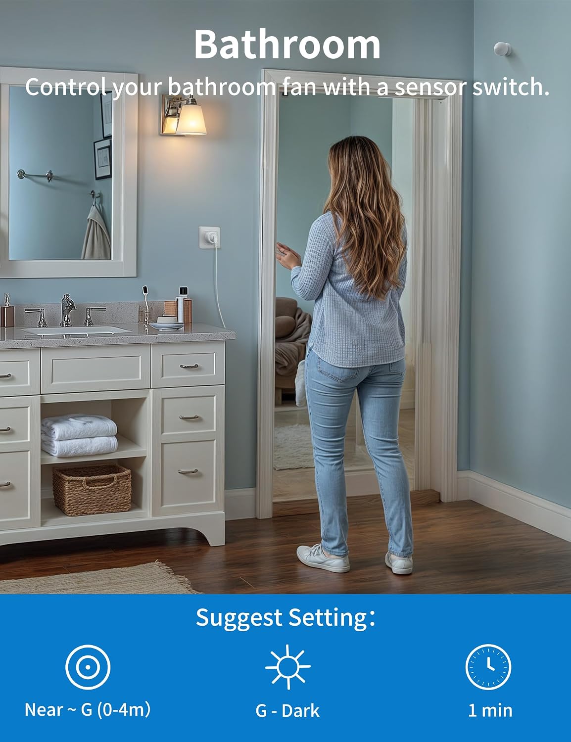 Wireless Motion Sensor Outlet with Timer, Plug-N-Play PIR Motion Activated Switch, Indoor Motion Detector for Lights & Exhaust Fan (110V-120V) of Bathroom, Garage, Laundry Room
