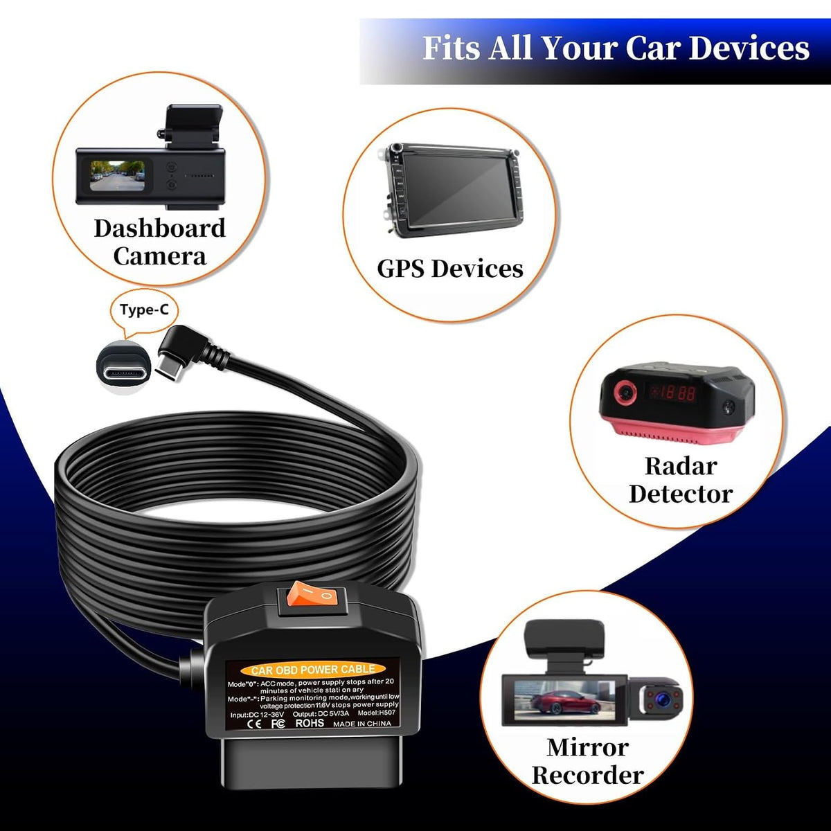 OBD2 to USB C Power Adapter for Dash Cam, Hardwire Kit with Parking Mode, Low Voltage Protection (11.6V/23.4V), Acc Detection, Plug and Play Continuous Recording Cable（Type-C