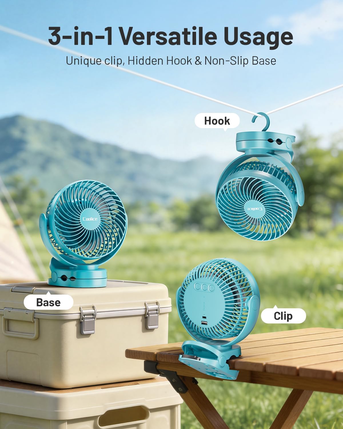 Camping Fan with Remote Control - 12000mAh Rechargeable Battery Powered Fan, Camping Fans for Tents with LED light & Hanging Hook, Rechargeable Battery Operated Ceiling Fans for Tent RV Bed, Blue