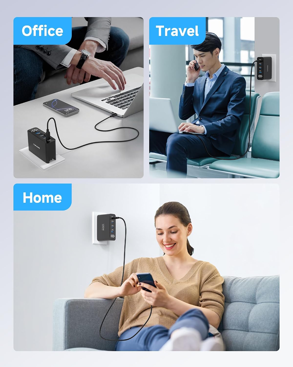 TOPADRE 100W USB C Charger for MacBook，Charger Block with LED Display，Black | GaN Compact Foldable Charging Station for MacBook Pro/Air, iPad Pro, for iPhone 17/16 Pro Max, Galaxy S25