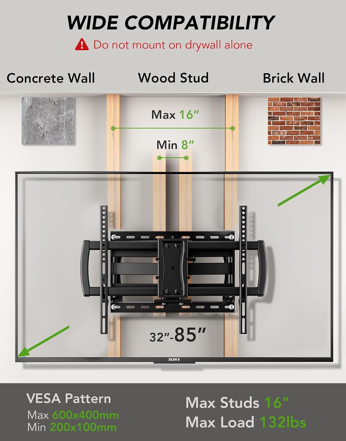Full Motion TV Wall Mount Bracket for Most 32-85 inch TVs,TV Mount with Dual Articulating Arms,Tilt/Swivel/Extension/Leveling,Fits 8” 12” 16" Studs,Max VESA 600x400mm, Holds up to 132lbs