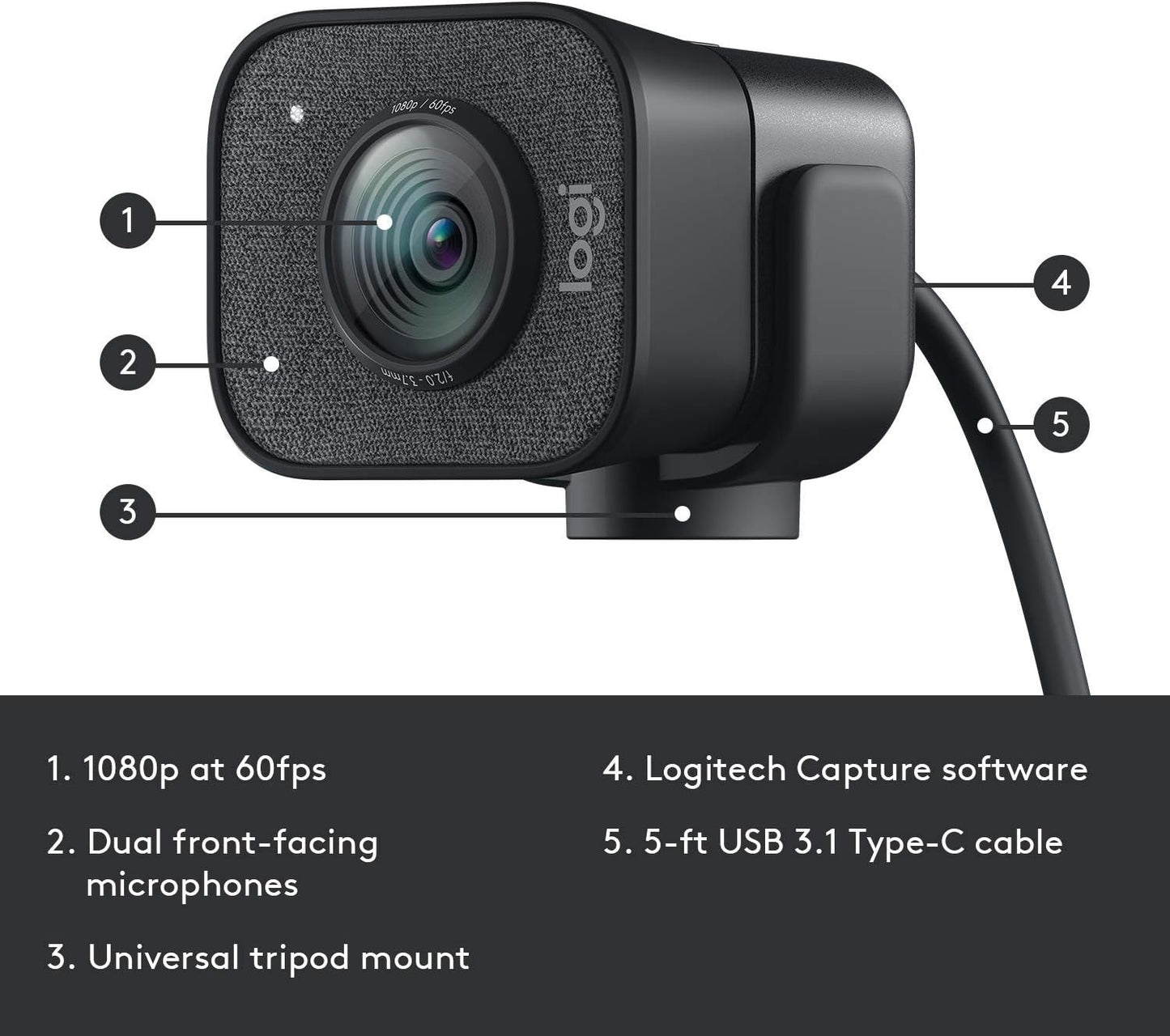 Logitech 2022 StreamCam 1080P HD 60fps Streaming Webcam Full HD Camera with USB-C & Integrated Microphone for Live Streaming and Content Creation - Graphite - 960-001280 (Renewed)