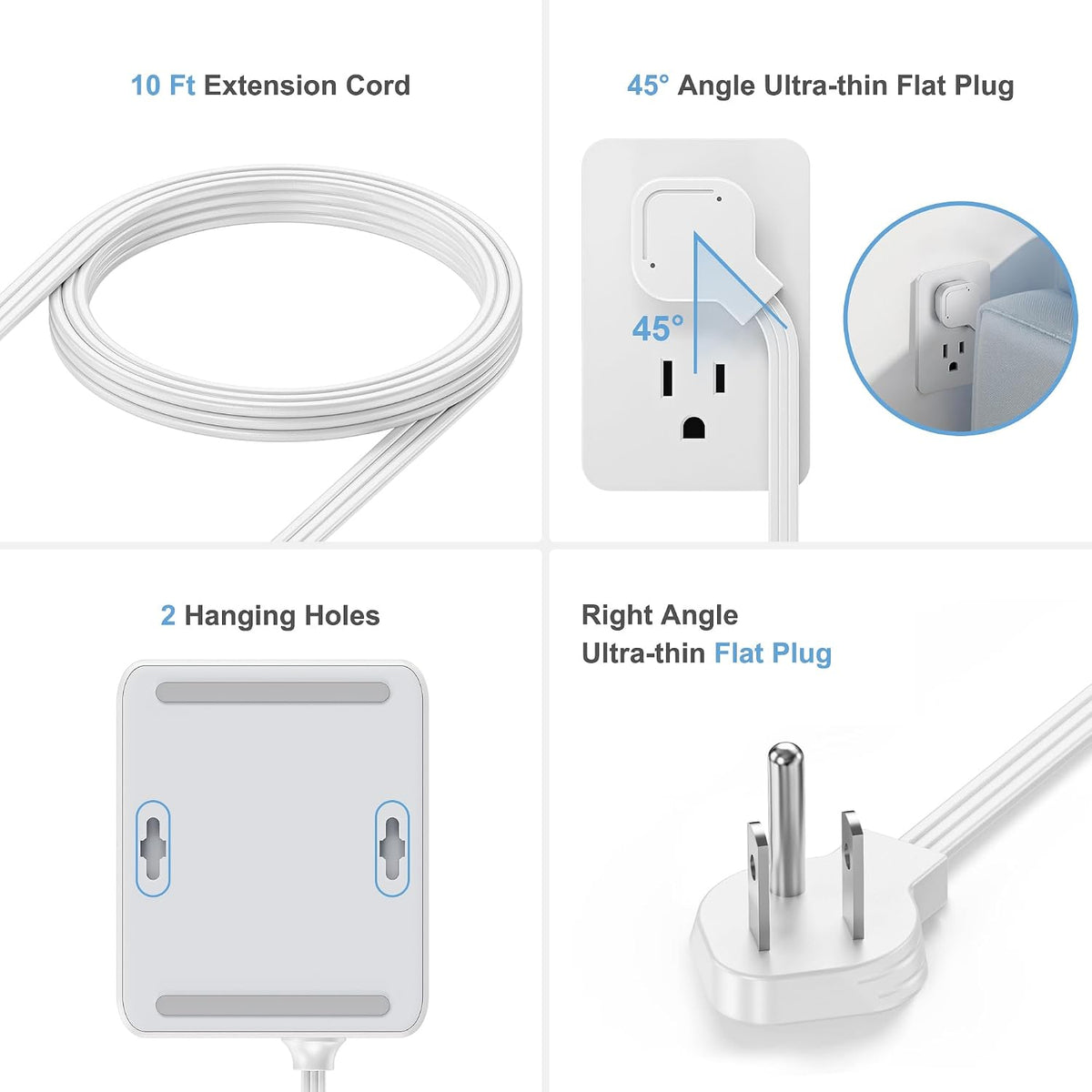 Surge Protector Power Strip, REALMADE 8 AC 4 UAB Power Strip with 950J Surge Protection, Flat Plug Outlet Extender, 10Ft Extension Cord, Wall Mount Desk Charging for Home Office， Gray & White