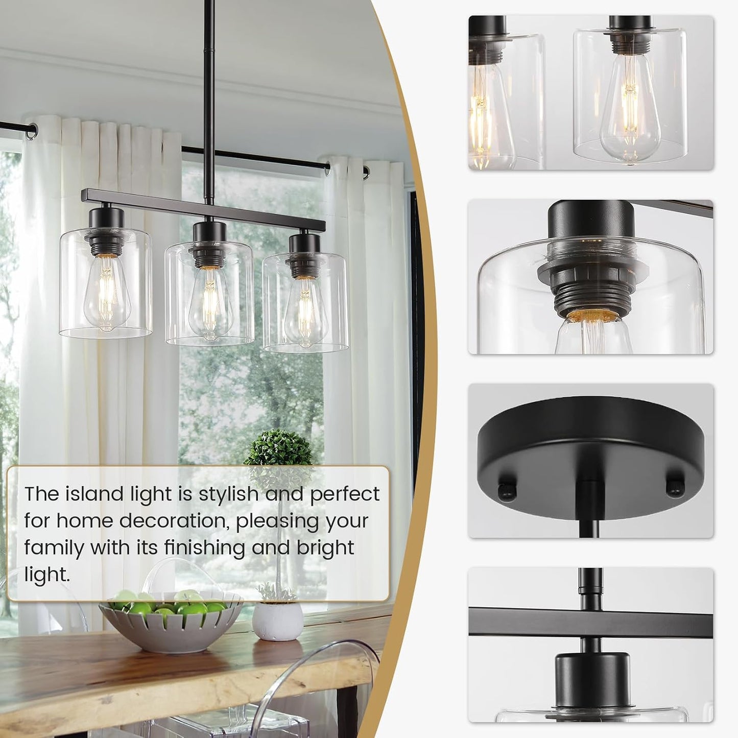 3-Light Kitchen Island Lighting, Black Pendant Light Fixture, Farmhouse Dining Room Light Fixtures Over Table, Modern Hanging Light Fixtures with Clear Glass, E26 Base, Bulbs Not Included