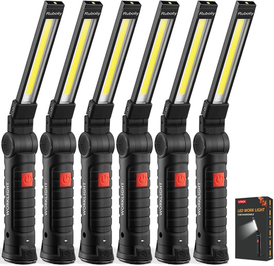 6Pack Magnetic Rechargeable LED Work Light/Flashlight for Mechanics | 360° Rotation, Super Bright, 5 Modes, Compact, Tail Hook, for Car Repairing, Garage, Emergency, Workshop, Gifts for Father