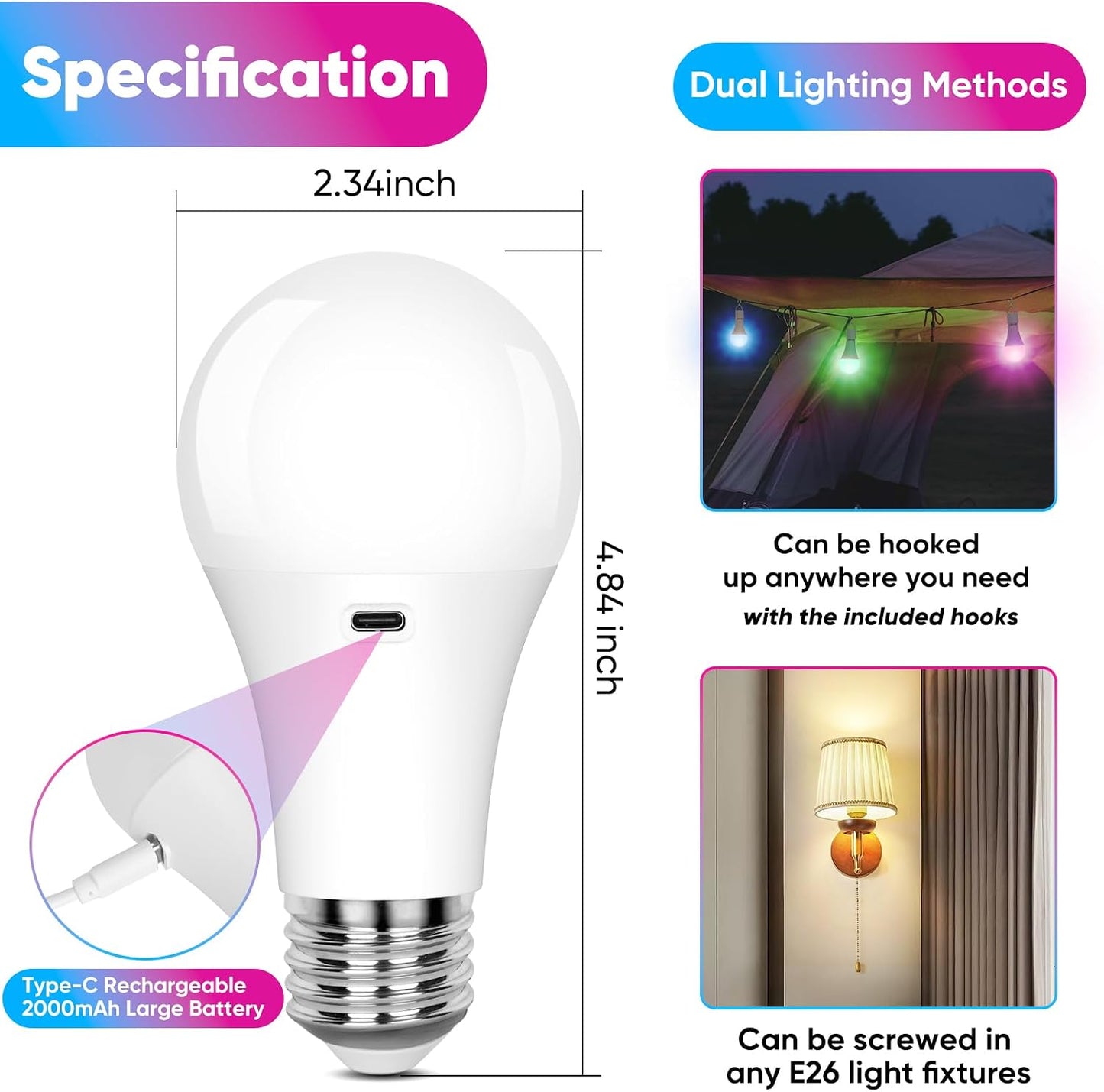 Yochoice Rechargeable Battery Operated Light Bulb with Remote & Timer, Dimmable Backup Magnetic LED Bulb with 15 Colors, Wireless Puck Light Bulb for Wall Sconce Lamps, Non-Hardwired, 2-Pack
