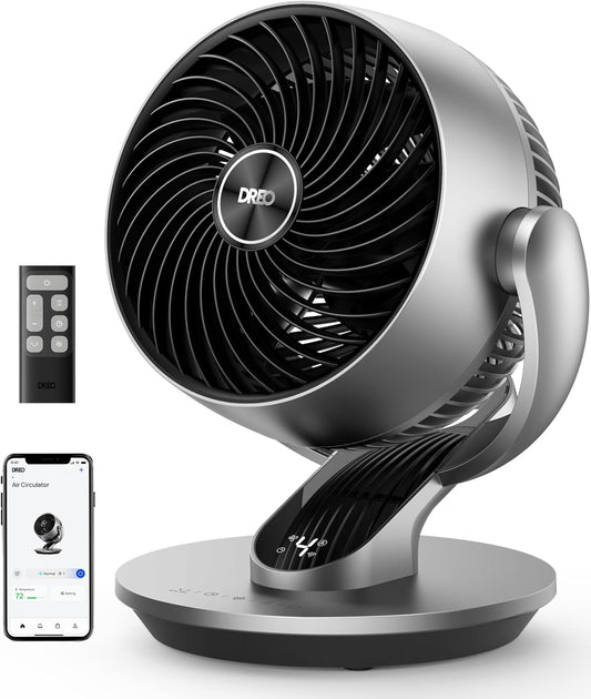 DREO Smart Fan for Bedroom,120° Vertical and 90° Oscillating Fan with Remote/Voice, 13 Inch Height Quiet Air Circulator for Whole Room, 70 ft, 4 Speeds, 5 Modes, 12H Timer, Desk Fans for Home, Office