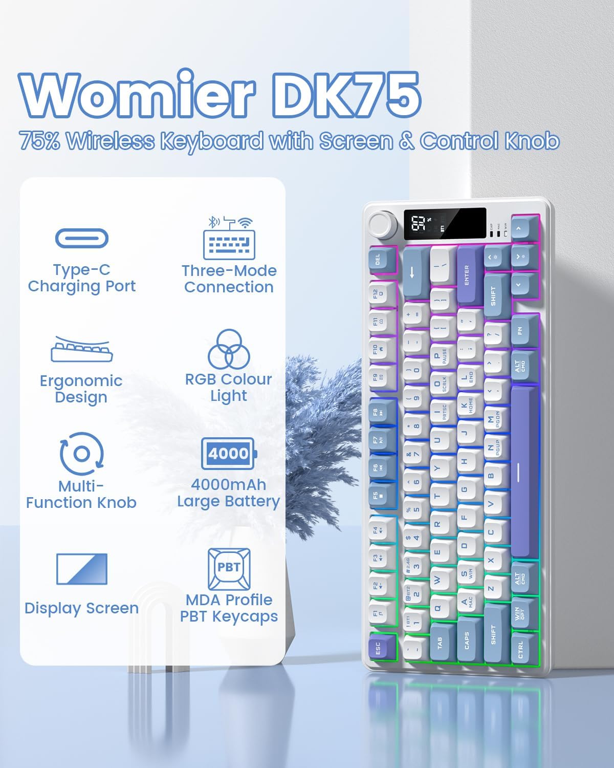 Womier DK75 75% Wireless Gaming Keyboard, RGB Backlit Creamy Keyboard with Media Knob, OLED Screen, Tri-Mode 2.4GHz/USB-C/BT5.0, Anti-Ghosting No-Conflict Silent Membrane Keyboard for MAC Windows