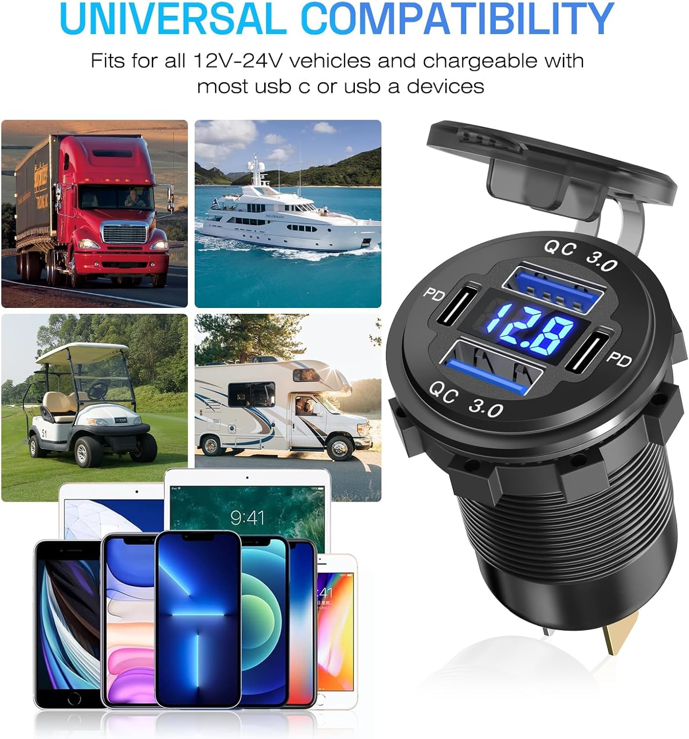 2Pcs 12V/24V Outlet with Voltmeter, Quick Charge 3.0 Dual USB Power Outlet, Waterproof Fast Charge USB Charger Socket DIY Kit for Car Boat Marine (2 Pack)